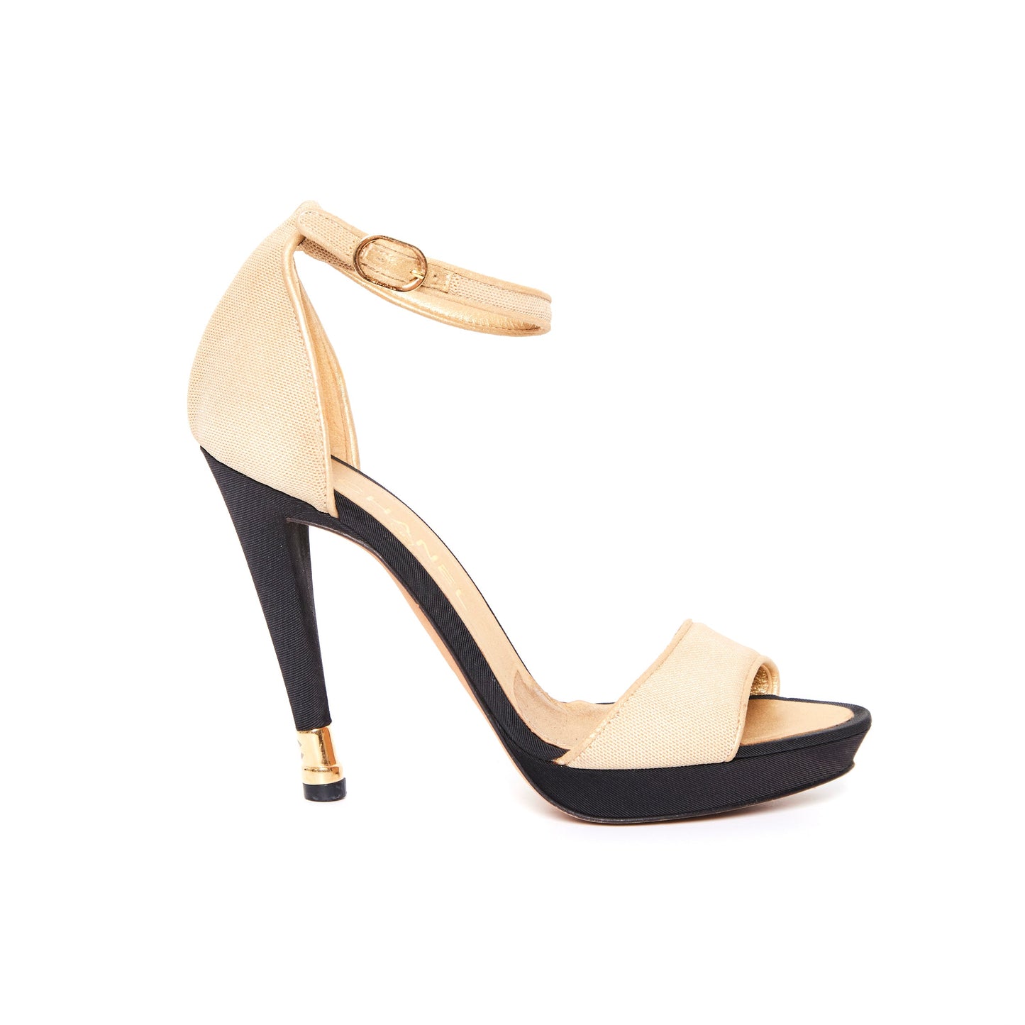 CHANEL Beige Fabric And Leather Ankle Strap Sandals 36.5