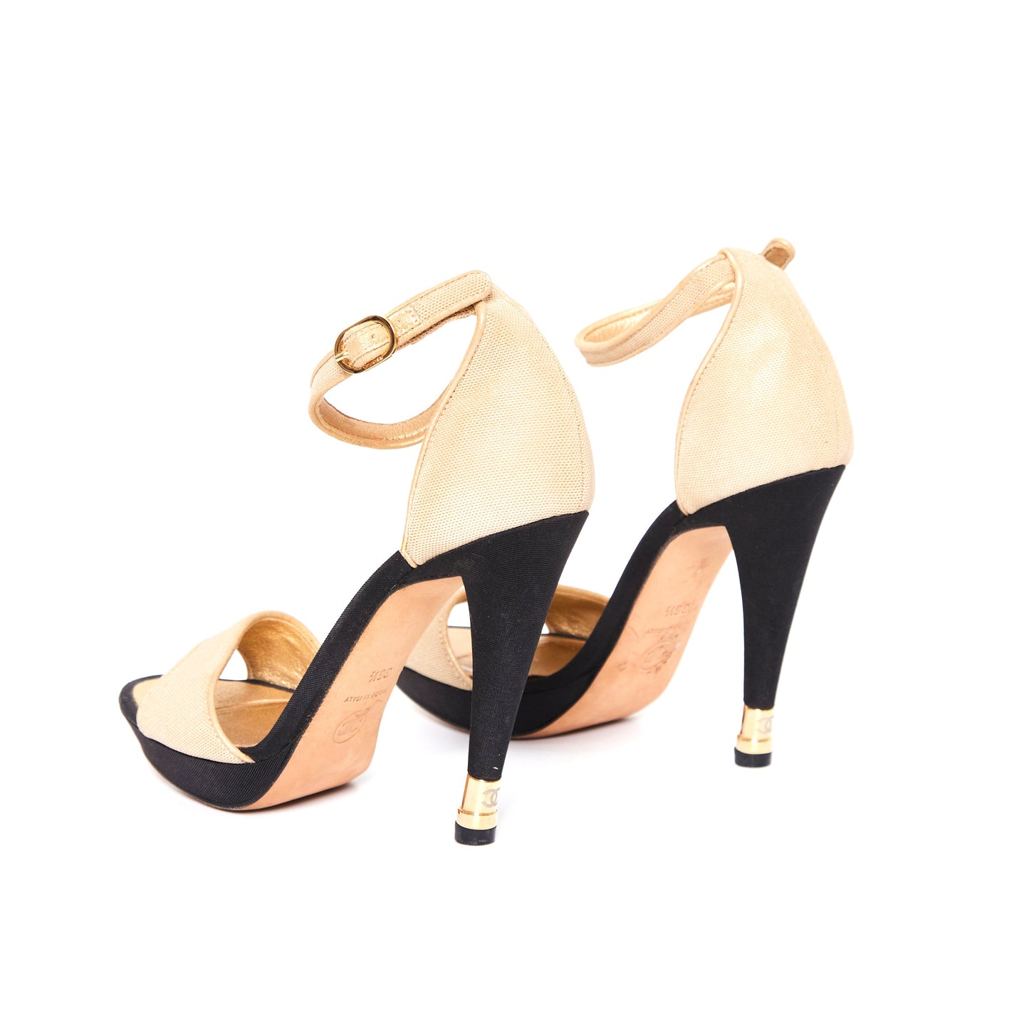 CHANEL Beige Fabric And Leather Ankle Strap Sandals 36.5