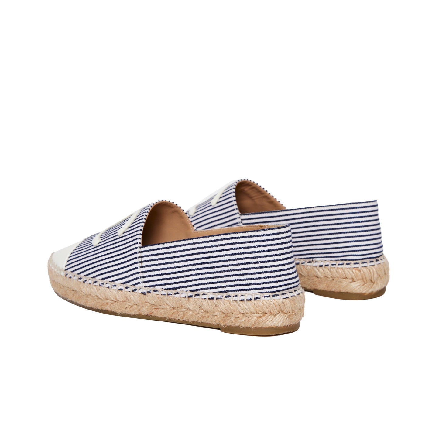 CHANEL Canvas Striped Patent CC Espadrilles Ivory Navy White 36