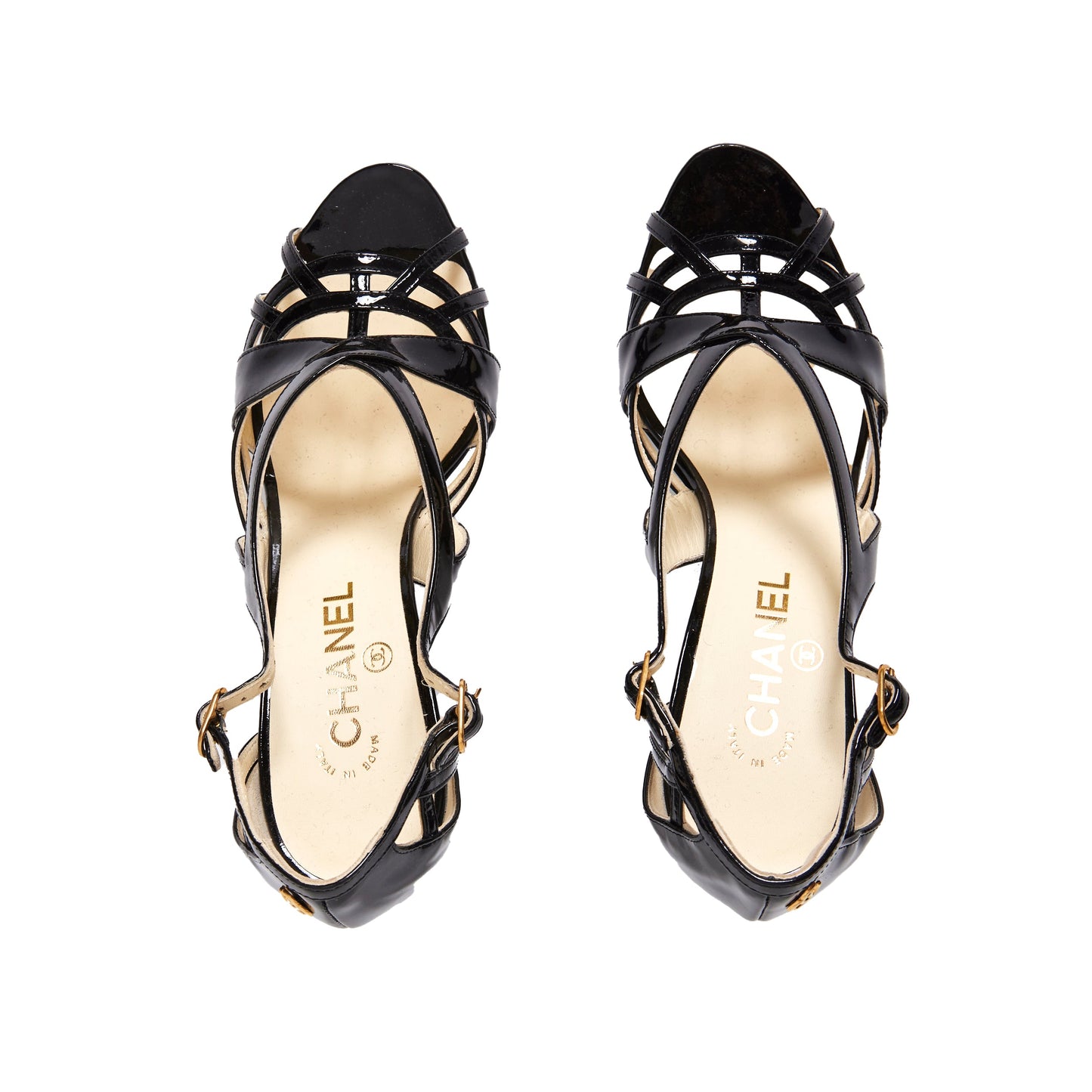 CHANEL Patent Black Strappy Sandals 39.5