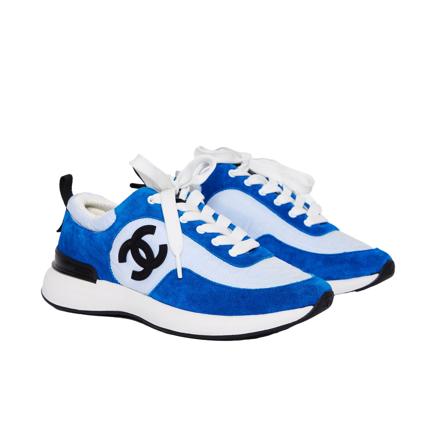 CHANEL Nylon Suede Calfskin CC Sneakers Blue Light Blue 36