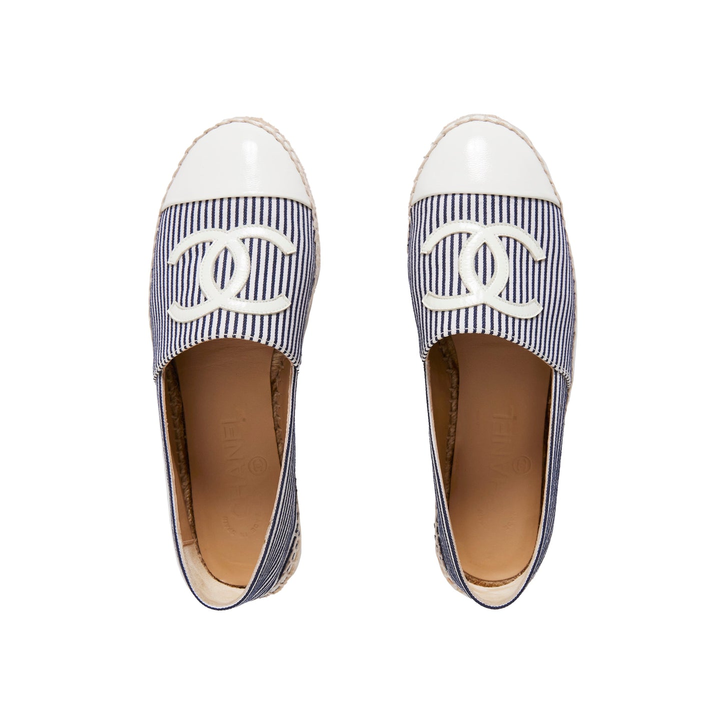 CHANEL Canvas Striped Patent CC Espadrilles Ivory Navy White 36