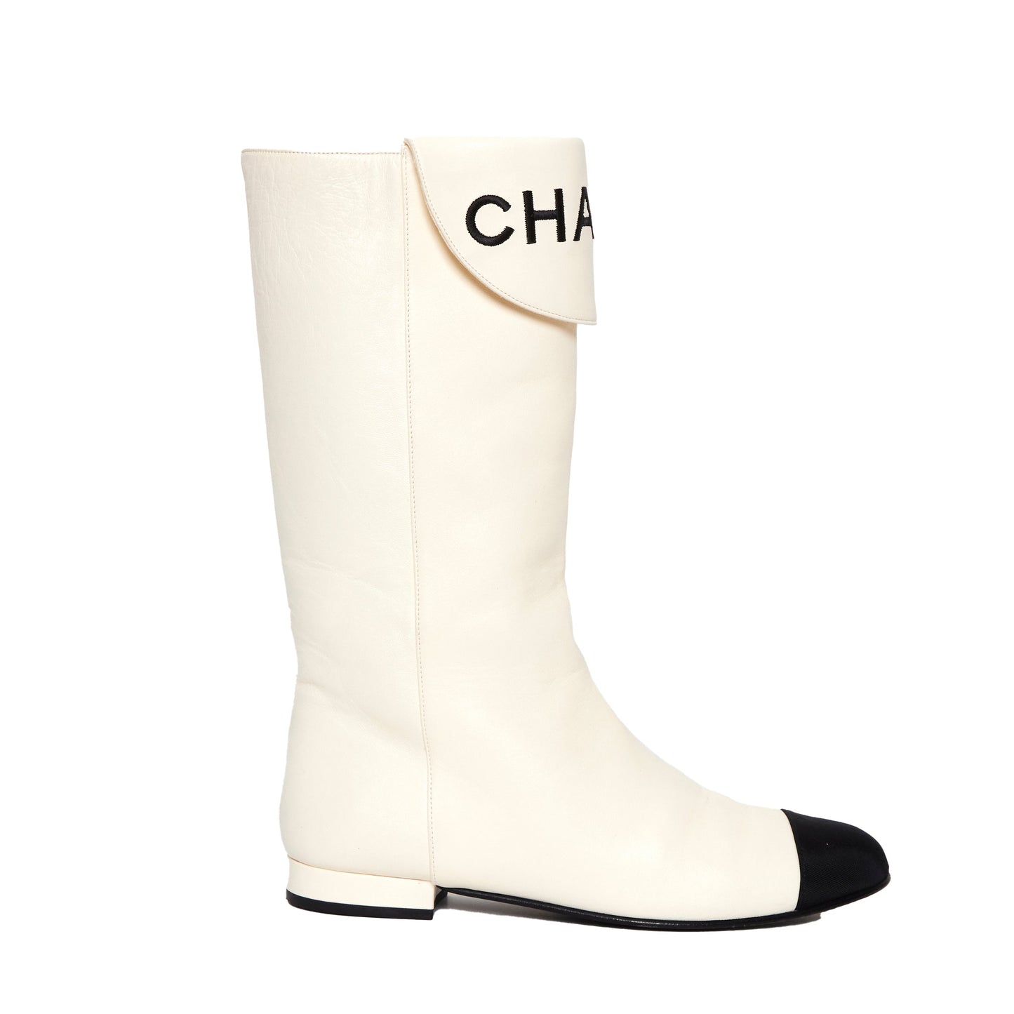 CHANEL Calf-Length Boots with Embroidered Logo 35.5