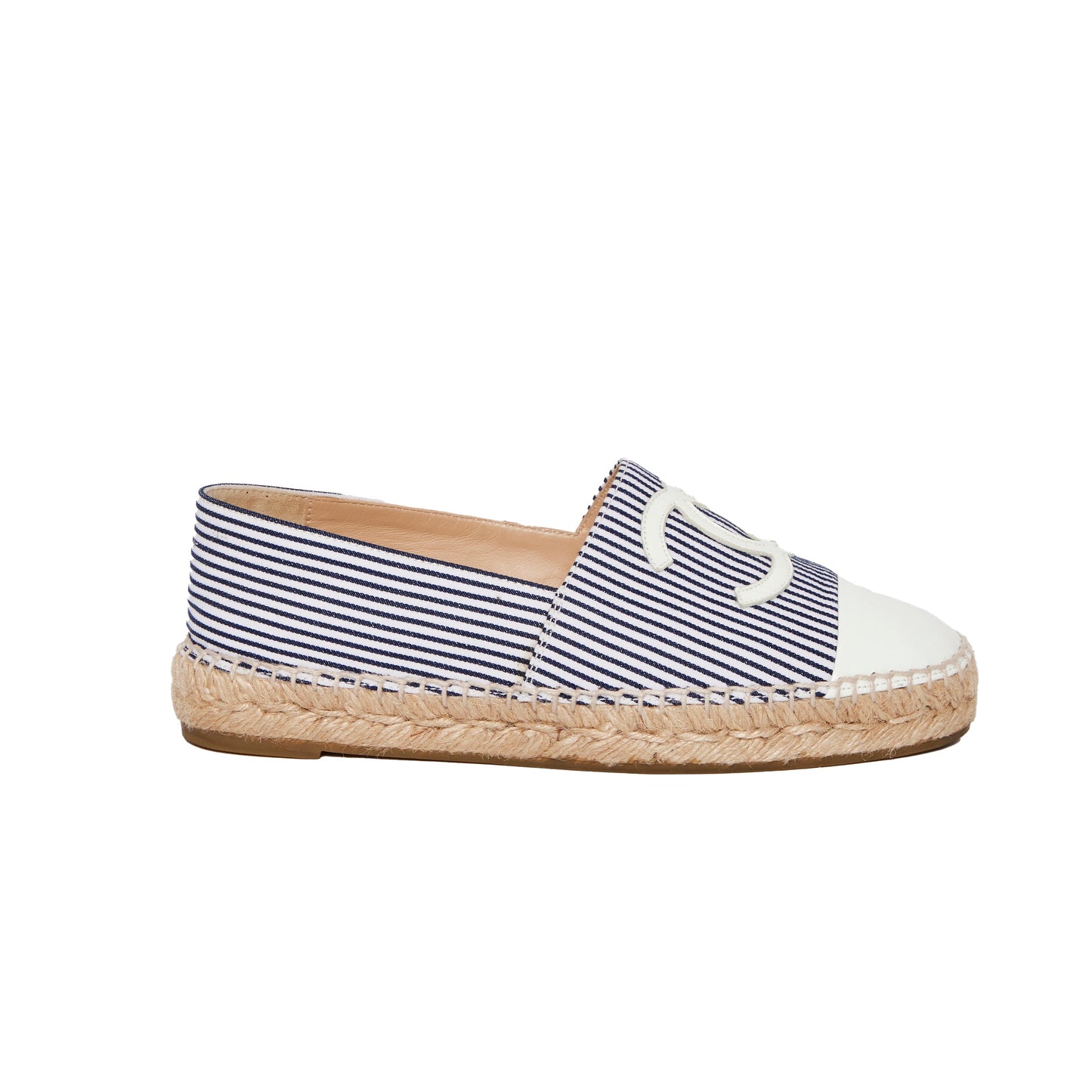 CHANEL Canvas Striped Patent CC Espadrilles Ivory Navy White 36
