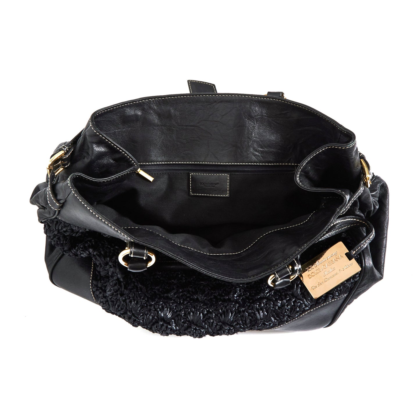 DOLCE & GABBANA Black Crochet Fabric and Leather Zip Satchel