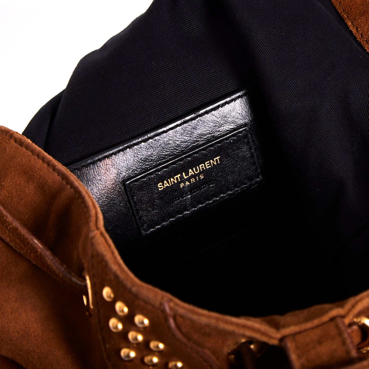 SAINT LAURENT Suede Small Y Studs Bucket Bag Light Ocre