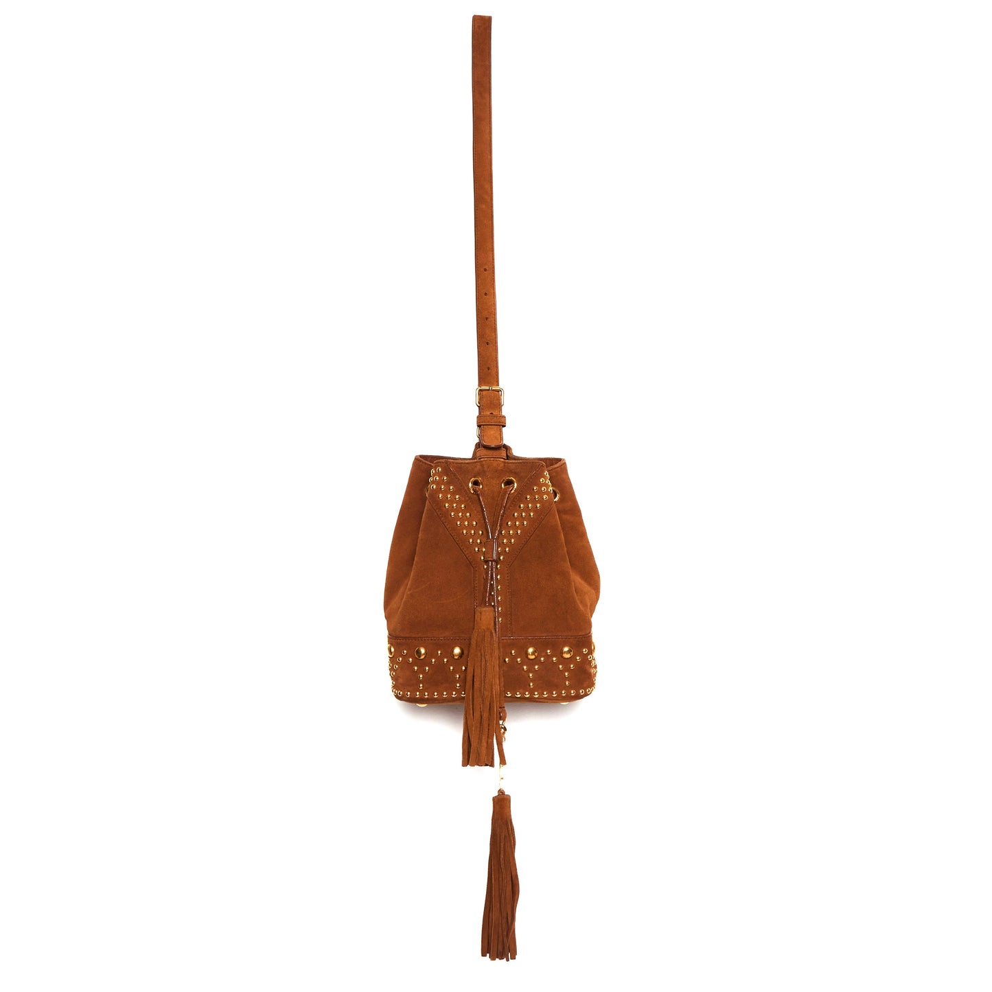 SAINT LAURENT Suede Small Y Studs Bucket Bag Light Ocre