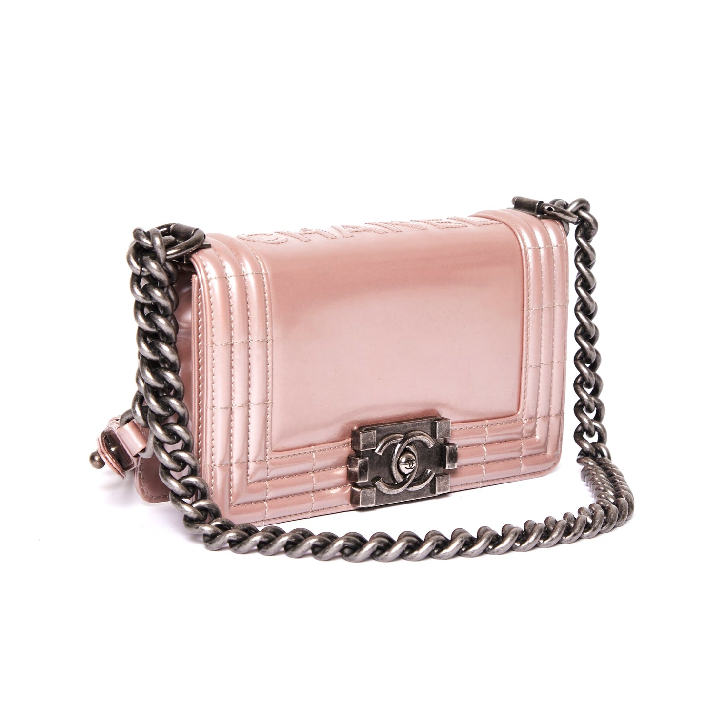 CHANEL Iridescent Glazed Calfskin Boy Flap Mini in Light Pink