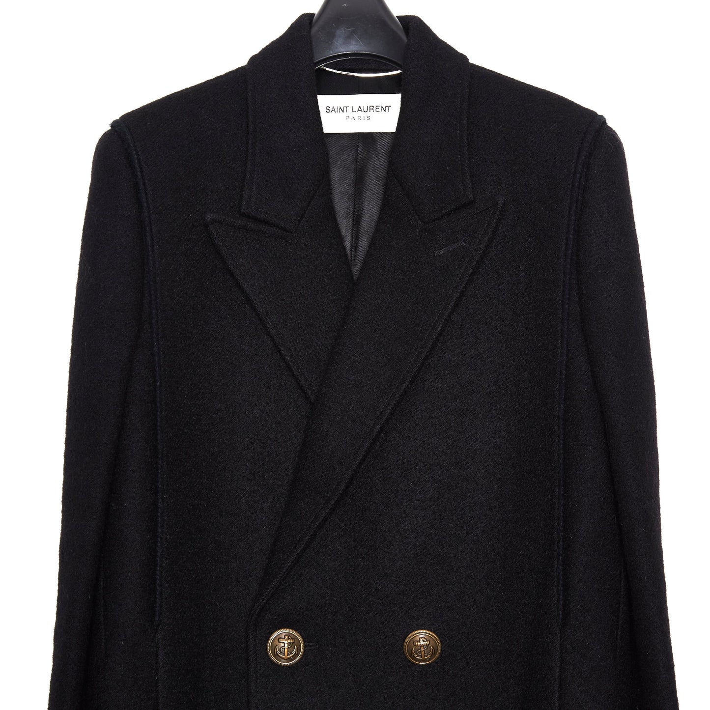 SAINT LAURENT Double-Breasted Long Wool Coat - Black 44
