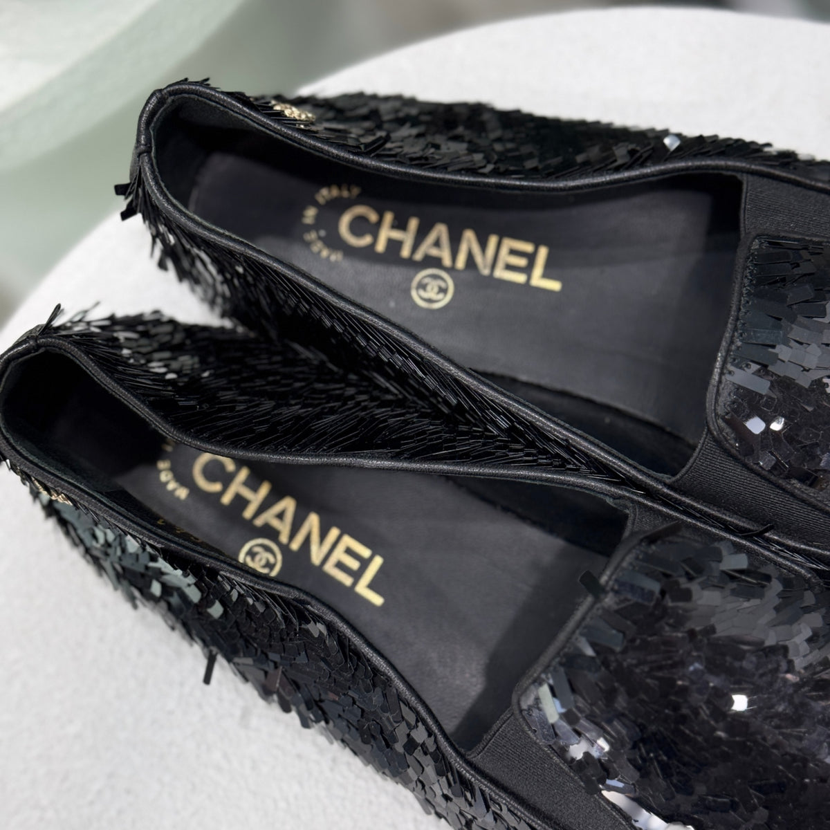 CHANEL Black CC Logo Sequin Flats Sz 41