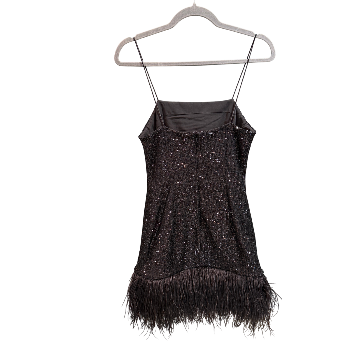 REBECCA VALLANCE Black Sequin Feather Trim Mini Dress Sz 8