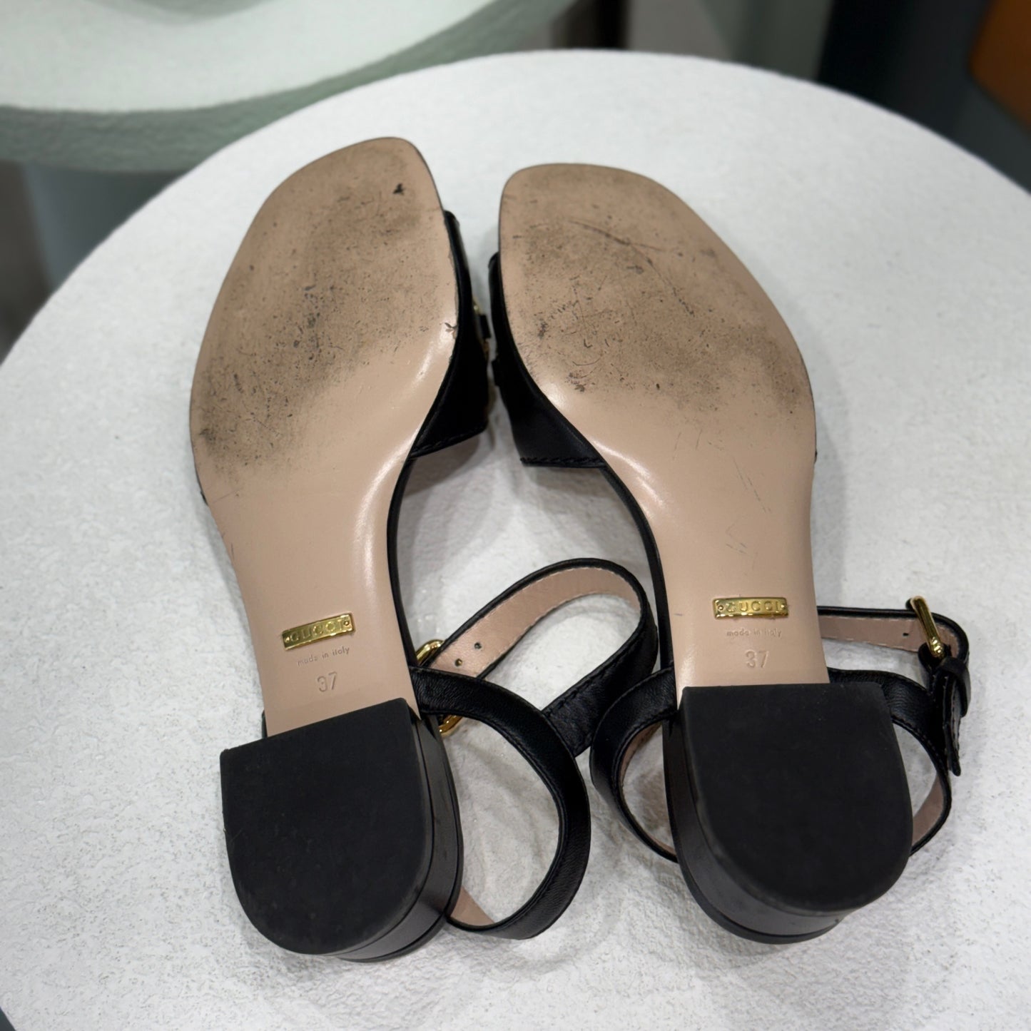 GUCCI Black & Gold Heeled Sandal Sz 37