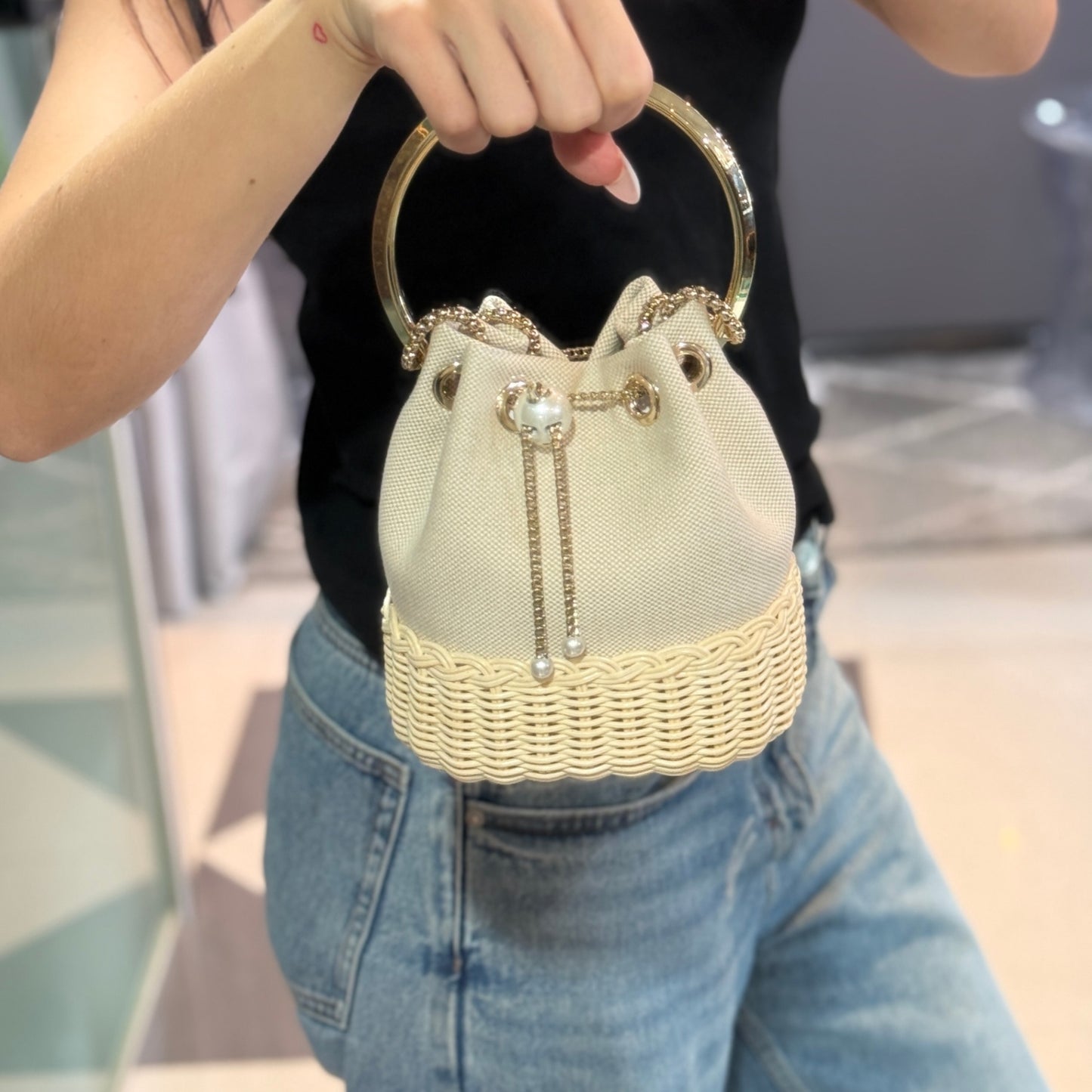 JIMMY CHOO Bon Bon Wicker Bucket Bag