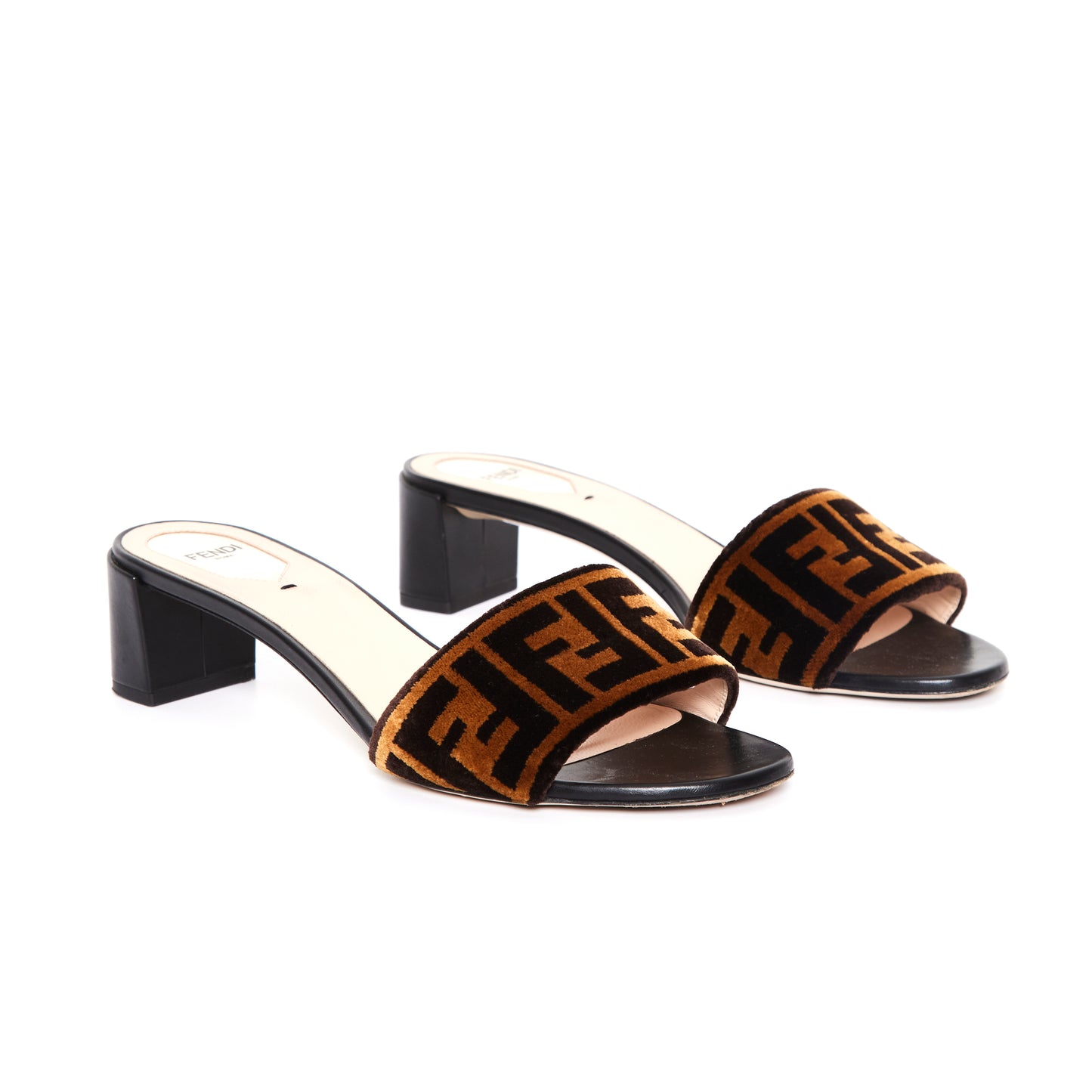 FENDI Bronze Tobacco Zucca Velvet Slip On Mules