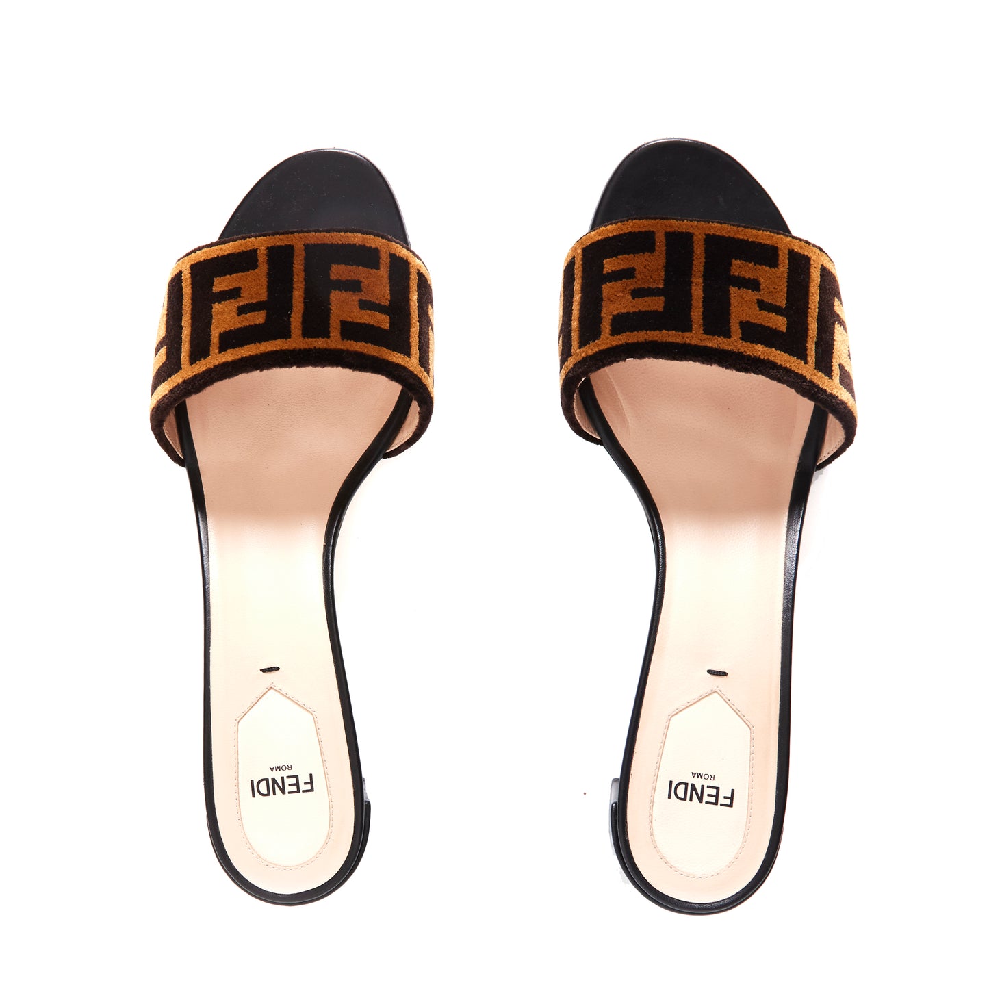 FENDI Bronze Tobacco Zucca Velvet Slip On Mules