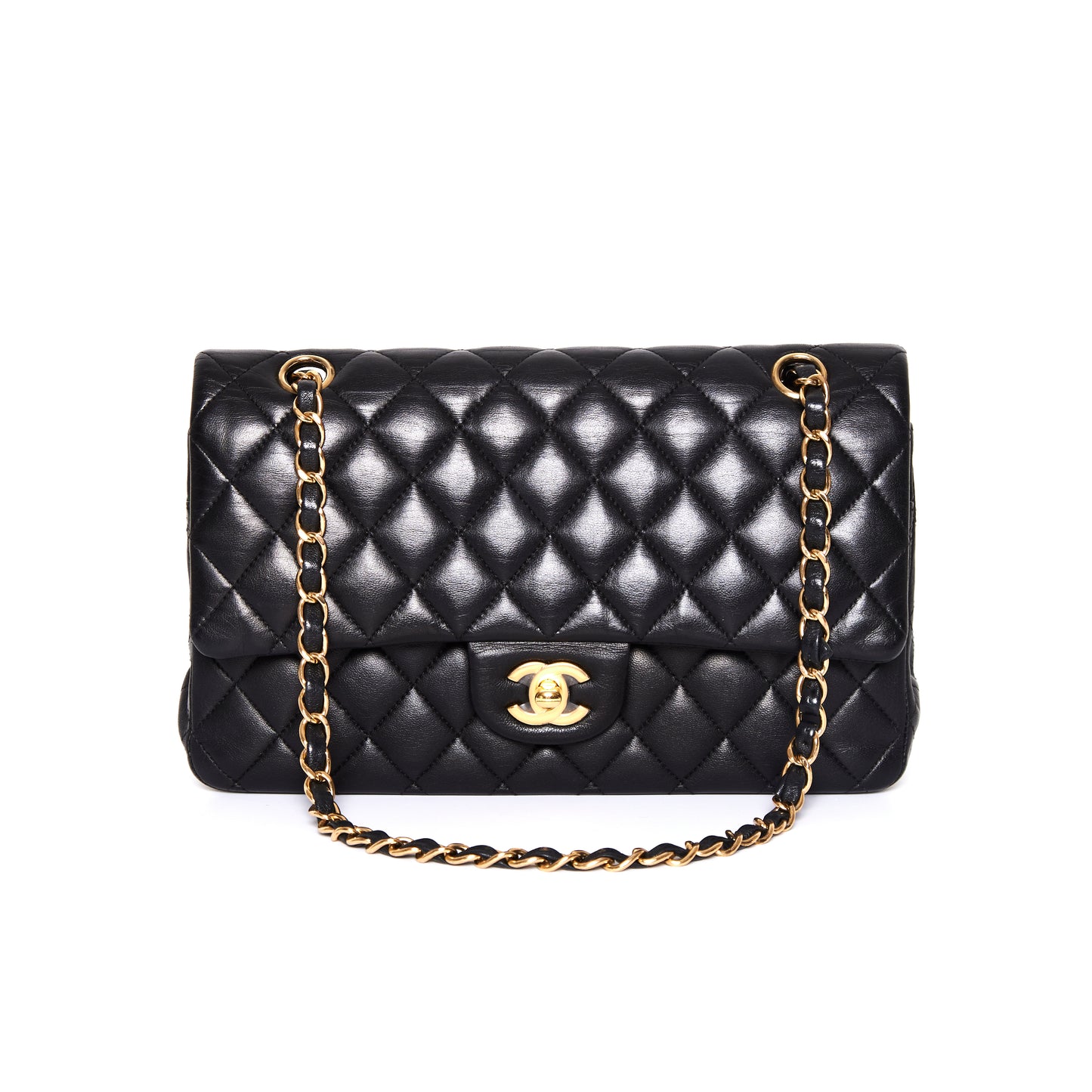 CHANEL Cla ssic Flap Medium Black Lambskin Leather Gold Hardware