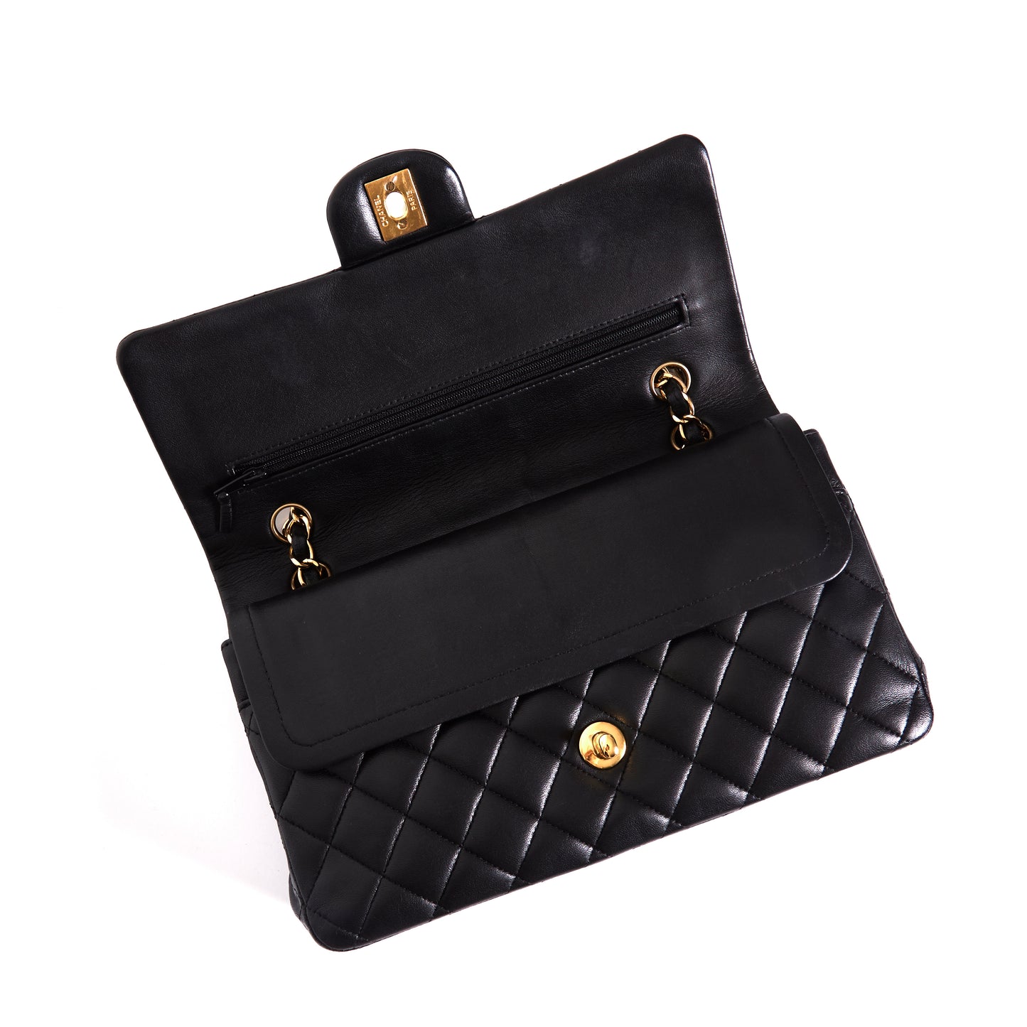 CHANEL Cla ssic Flap Medium Black Lambskin Leather Gold Hardware