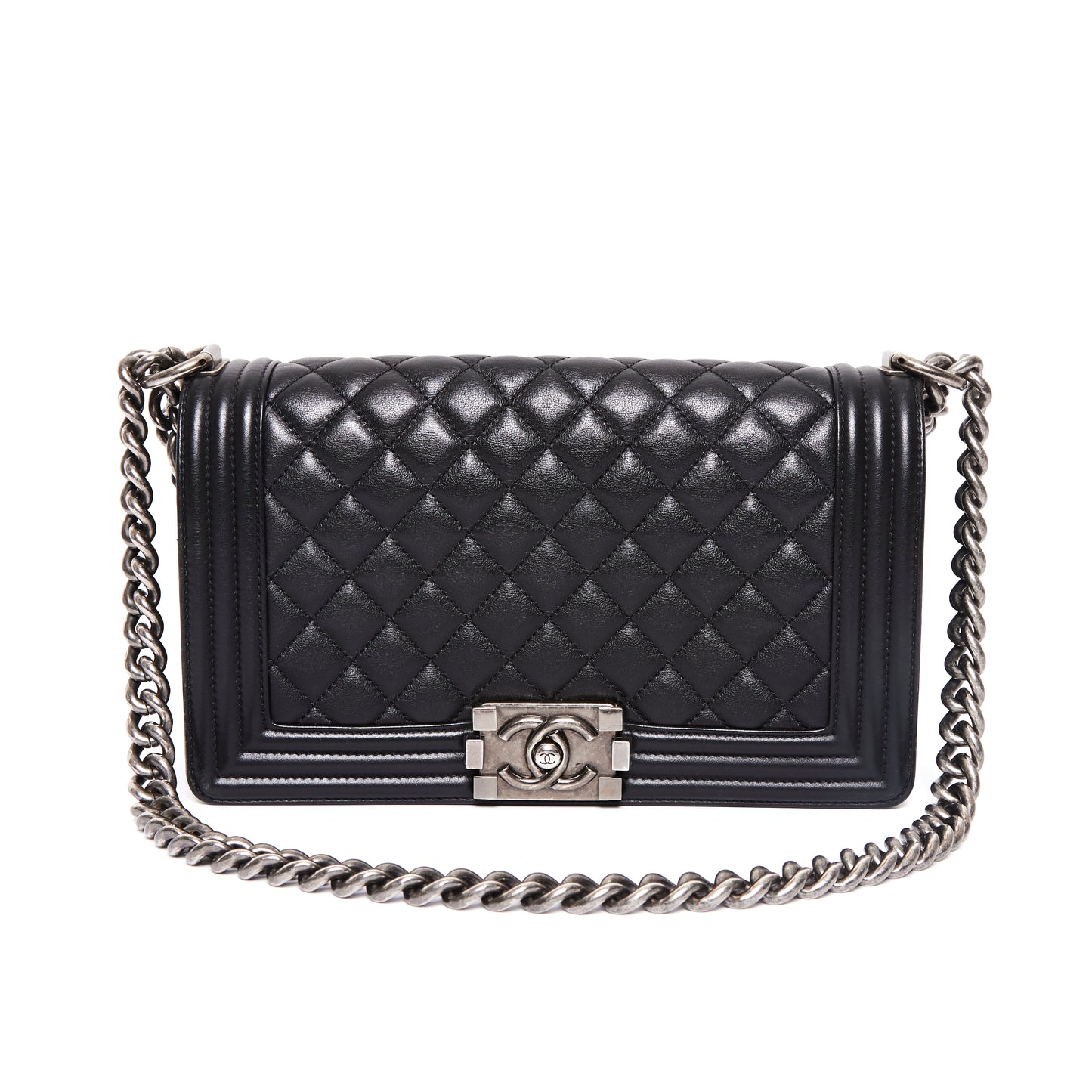 CHANEL Black Lambskin Quilted Old Medium Boy Flap Bag