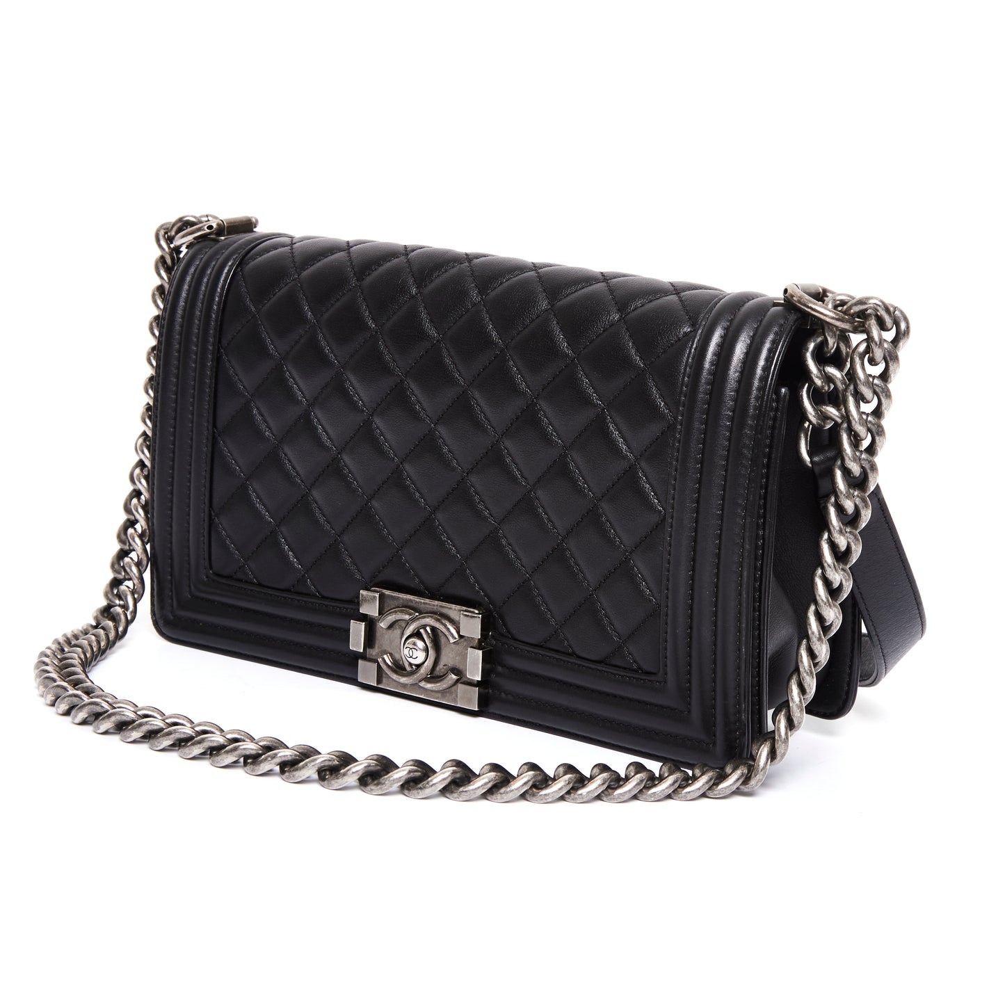 CHANEL Black Lambskin Quilted Old Medium Boy Flap Bag