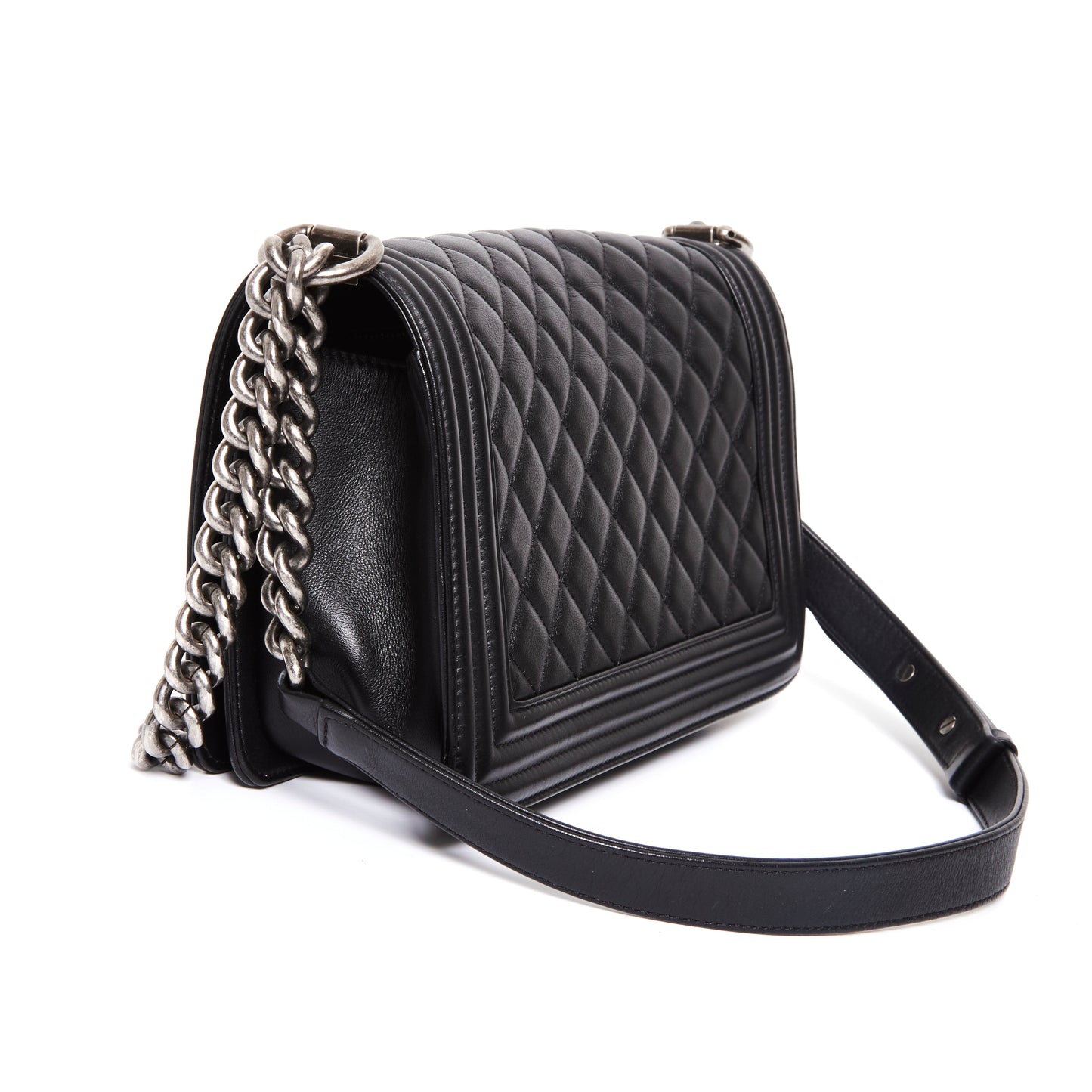 CHANEL Black Lambskin Quilted Old Medium Boy Flap Bag