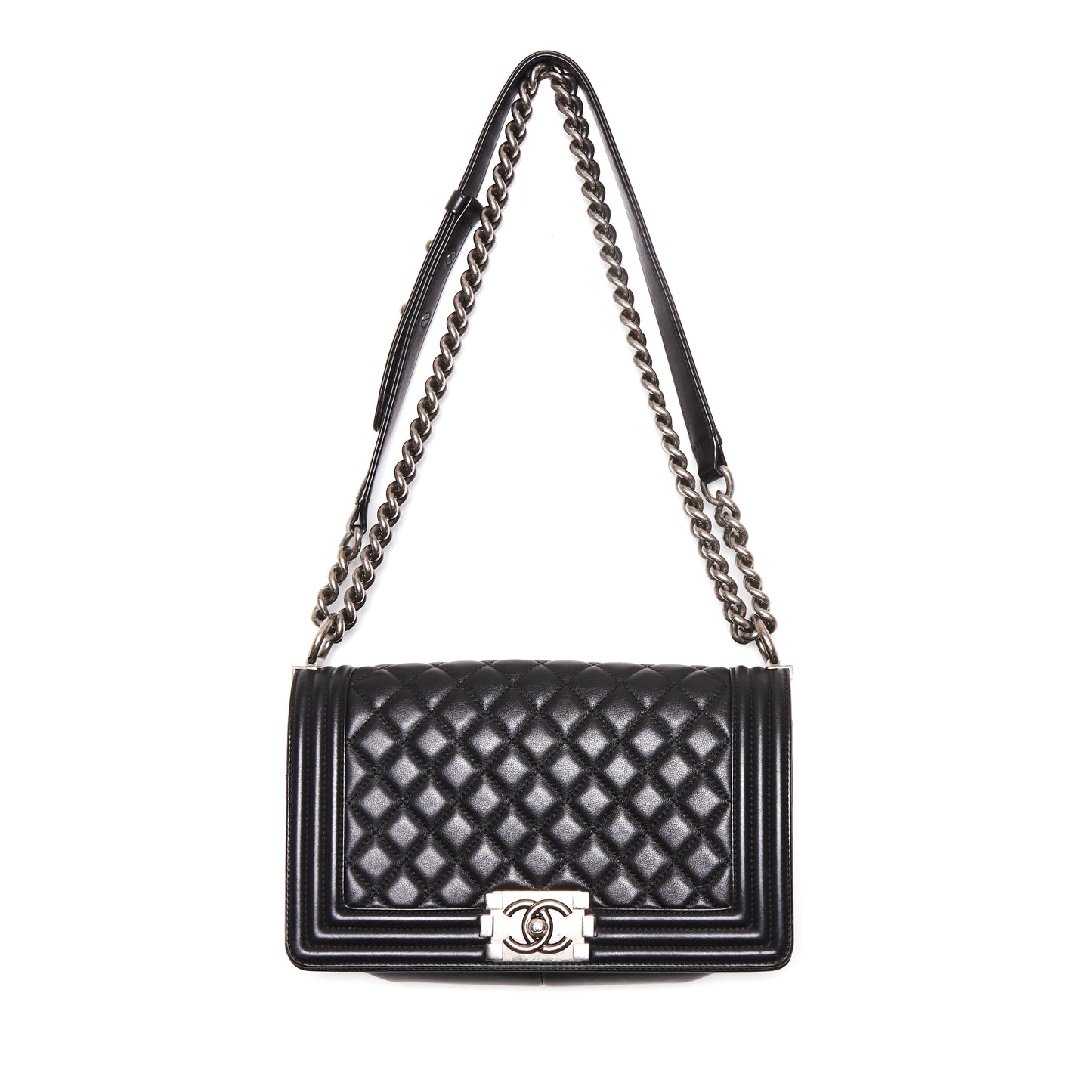 CHANEL Black Lambskin Quilted Old Medium Boy Flap Bag