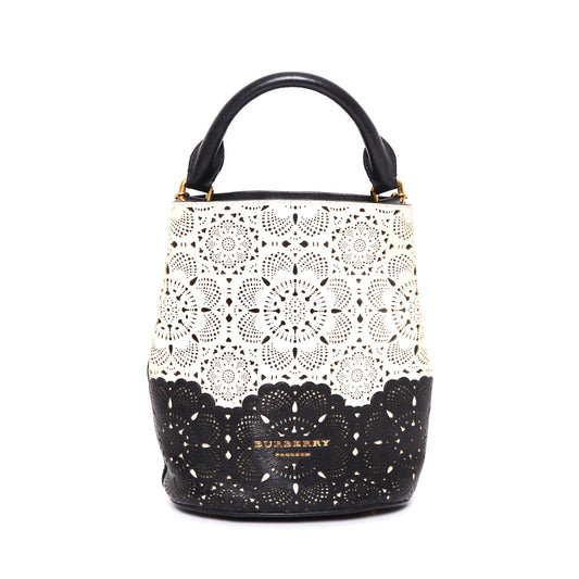 BURBERRY Prorsom Calfskin Laser Cut Lace Orchard Bucket Bag Black White