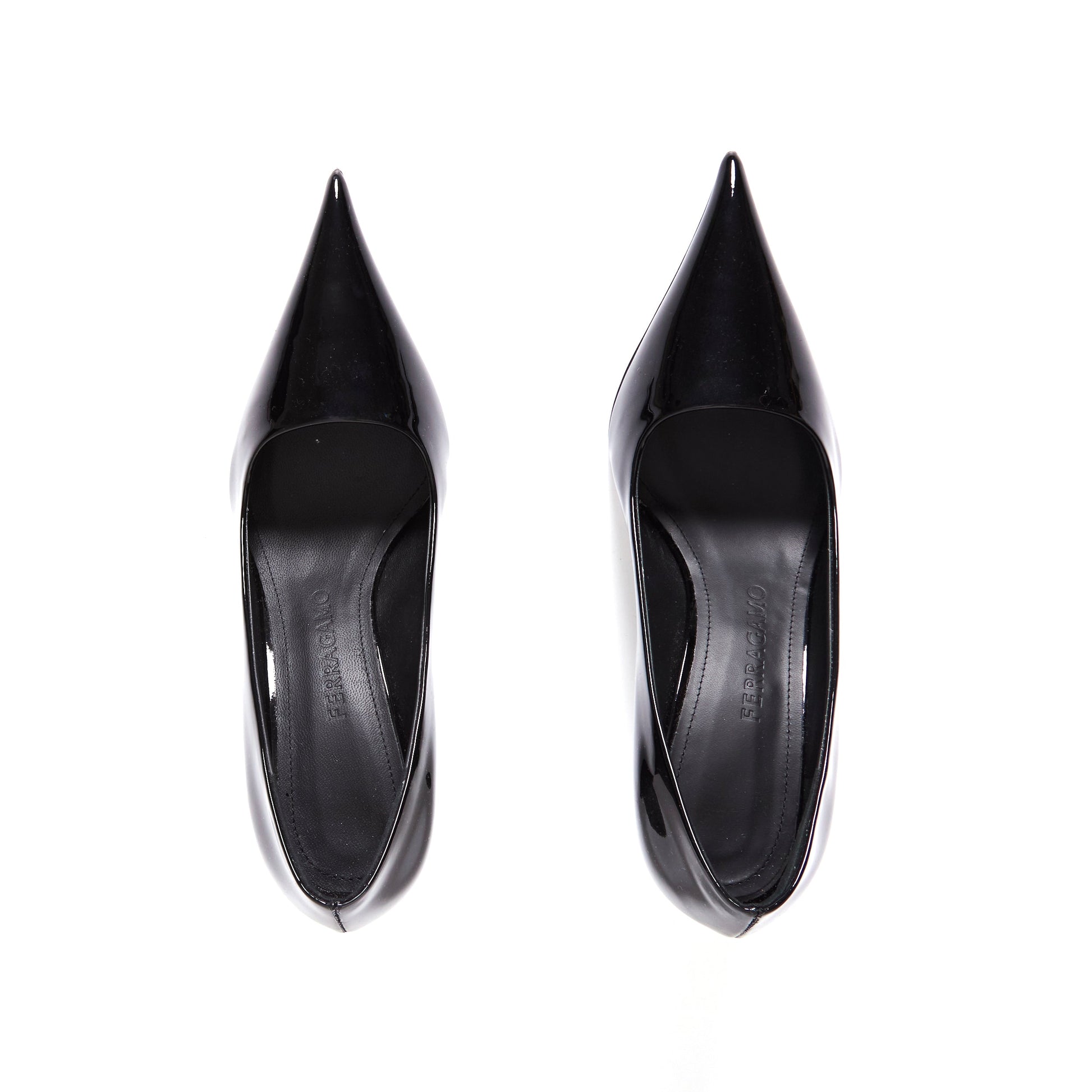 SALVATORE FERRAGAMO Black Patent Viola Wedges 37