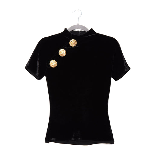 BALMAIN Button-detail Velvet T-shirt In Nero
