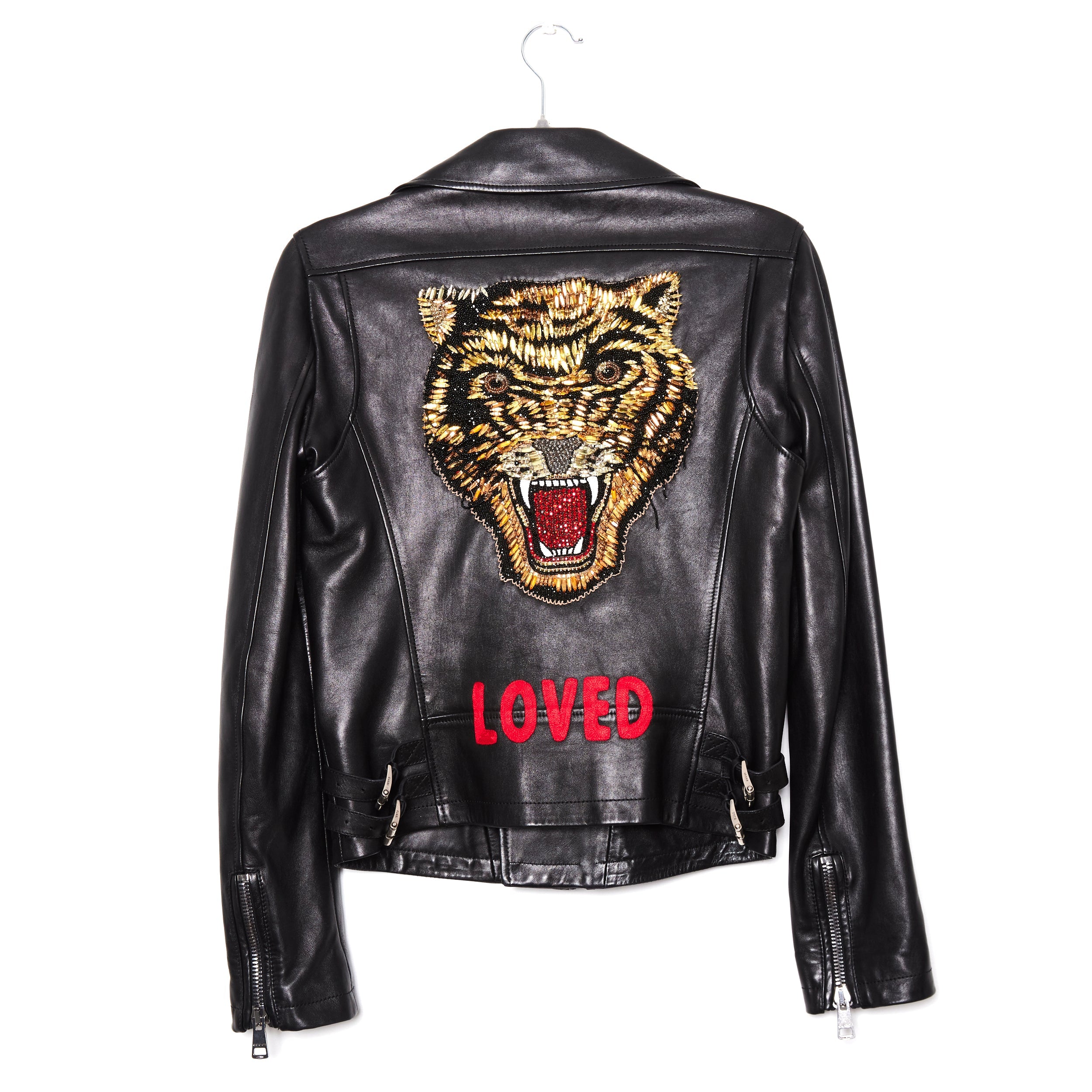 GUCCI Black Embroidered Crystal Tiger Bomber leather Jacket 38