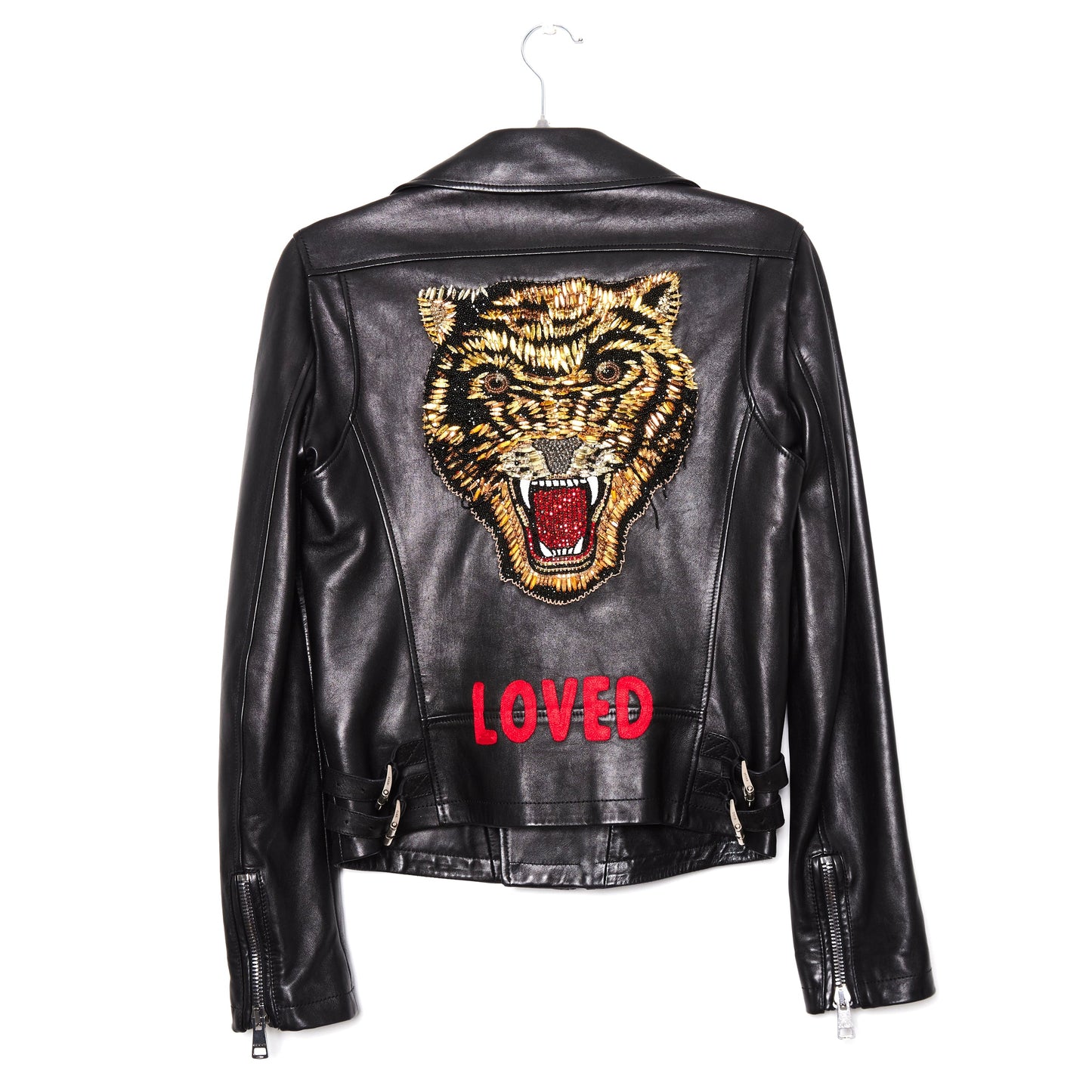 GUCCI Black Embroidered Crystal Tiger Bomber leather Jacket 38