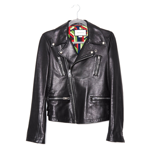 GUCCI Black Embroidered Crystal Tiger Bomber leather Jacket 38
