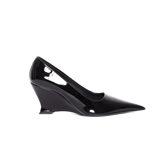 SALVATORE FERRAGAMO Black Patent Viola Wedges 37