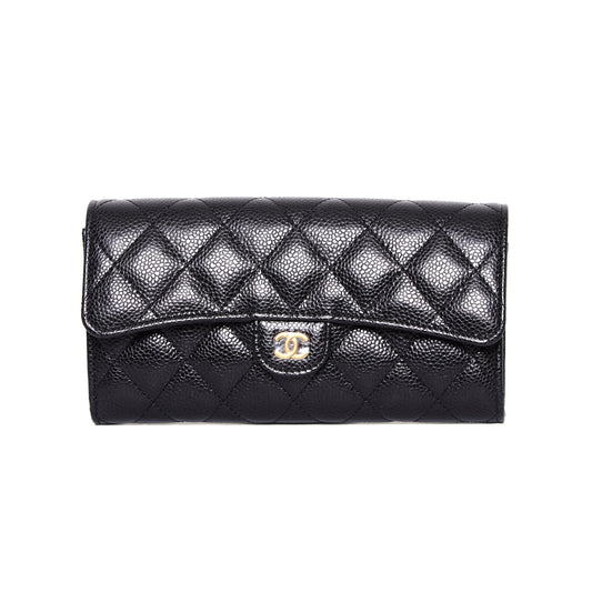 CHANEL Classic Black Caviar Long Flap Wallet Black