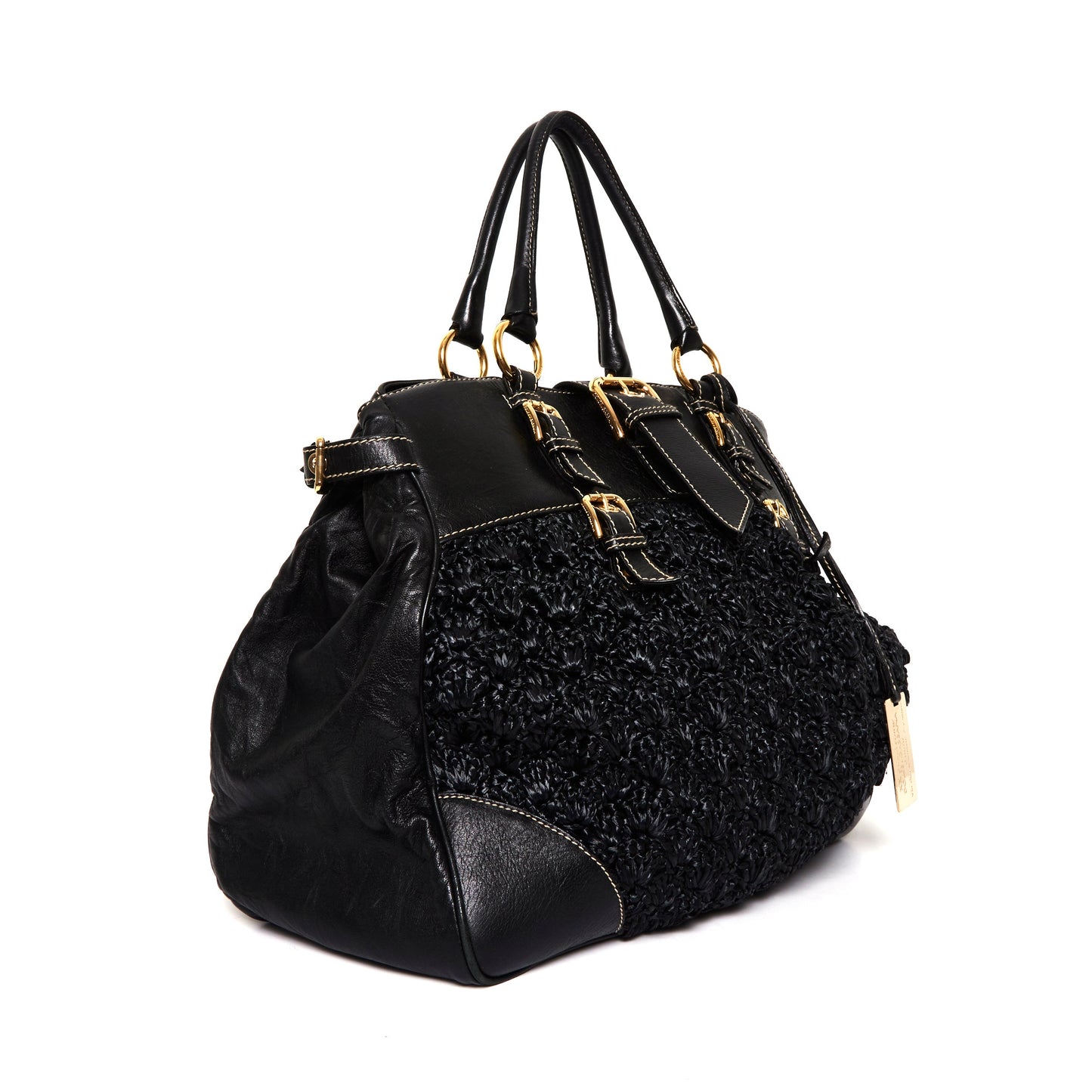 DOLCE & GABBANA Black Crochet Fabric and Leather Zip Satchel