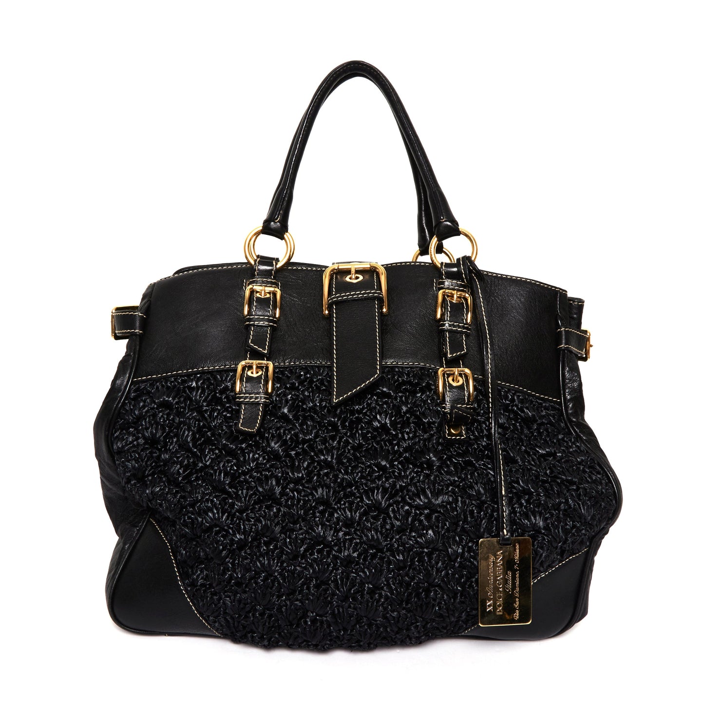 DOLCE & GABBANA Black Crochet Fabric and Leather Zip Satchel