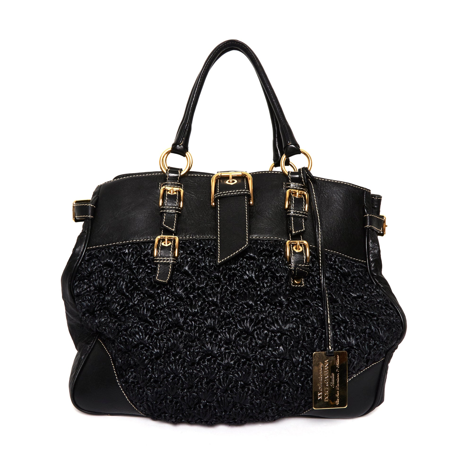 DOLCE & GABBANA Black Crochet Fabric and Leather Zip Satchel