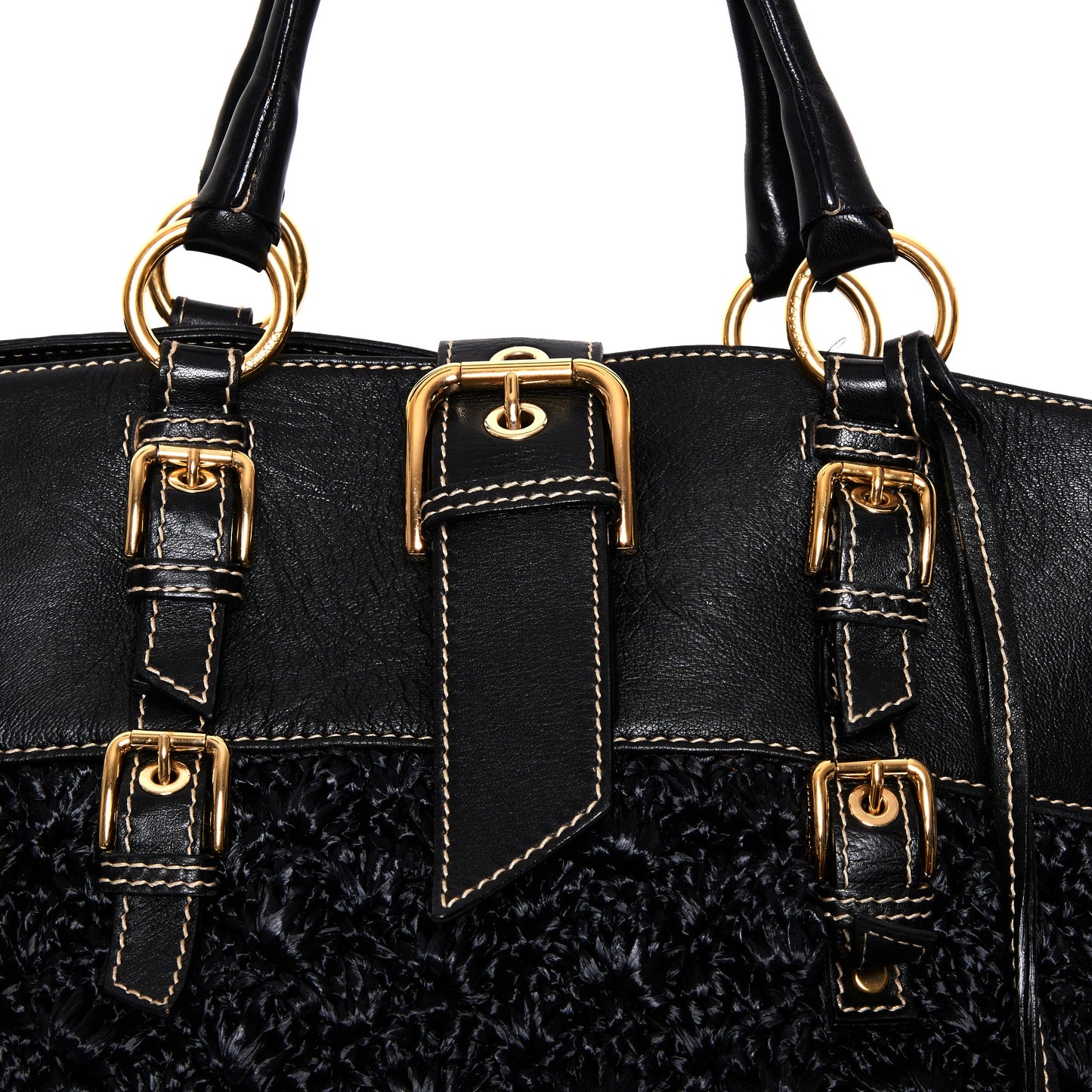 DOLCE & GABBANA Black Crochet Fabric and Leather Zip Satchel
