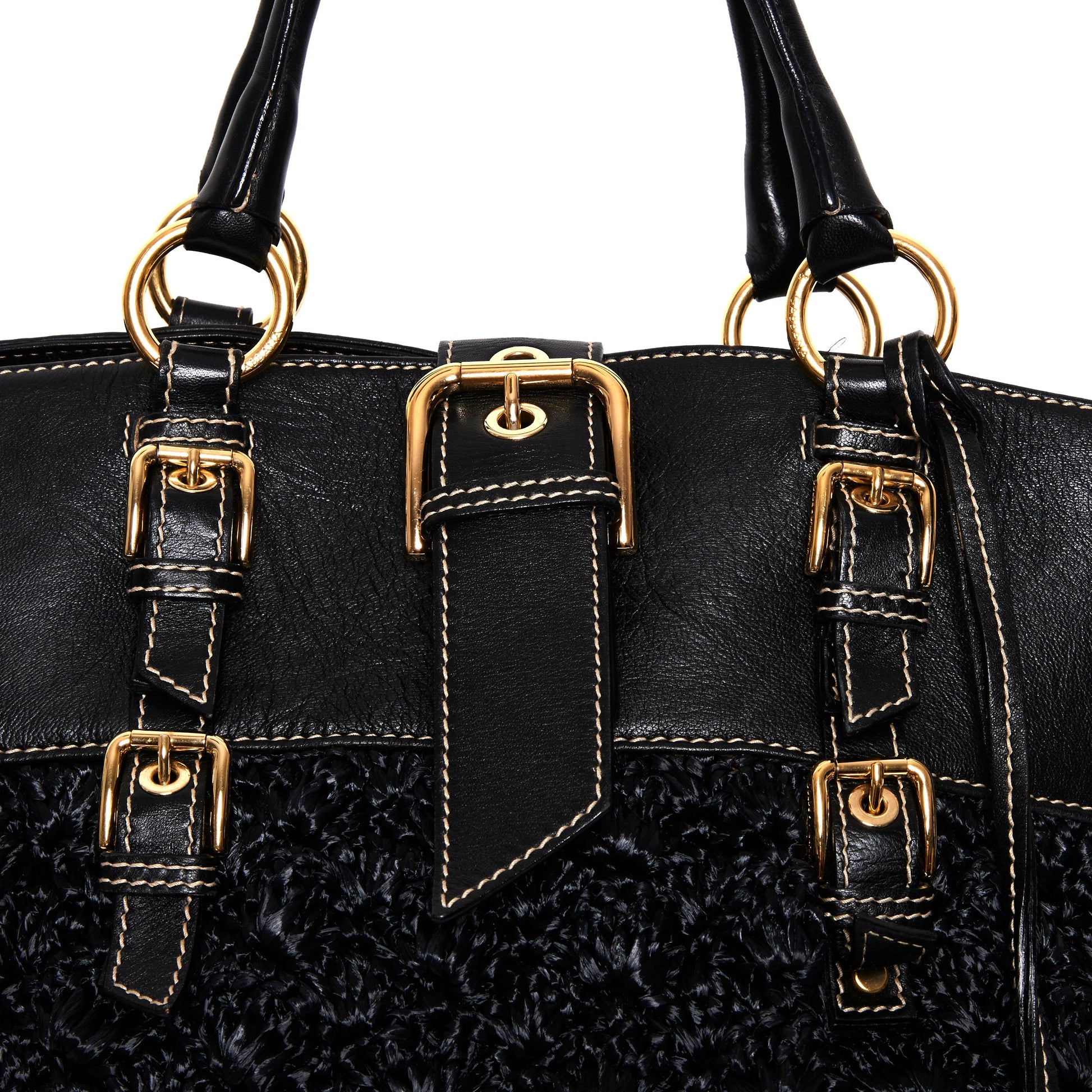 DOLCE & GABBANA Black Crochet Fabric and Leather Zip Satchel