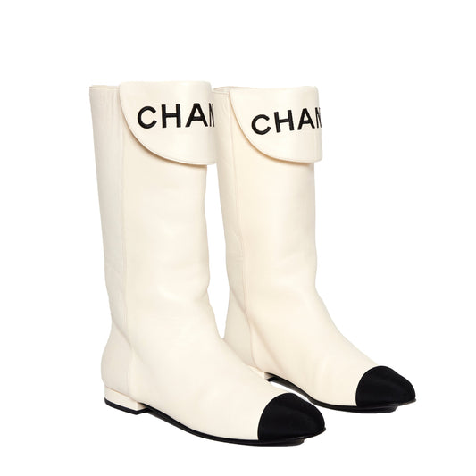 CHANEL Calf-Length Boots with Embroidered Logo 35.5