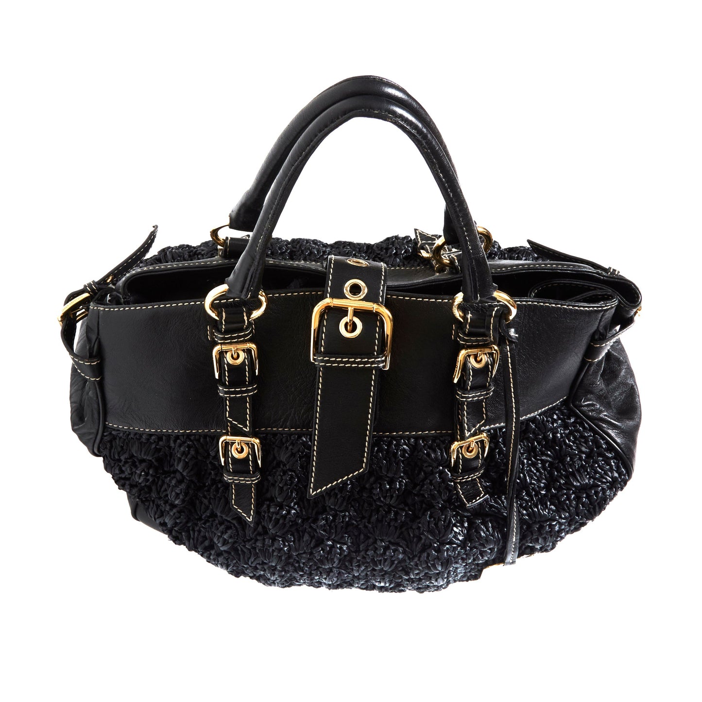 DOLCE & GABBANA Black Crochet Fabric and Leather Zip Satchel