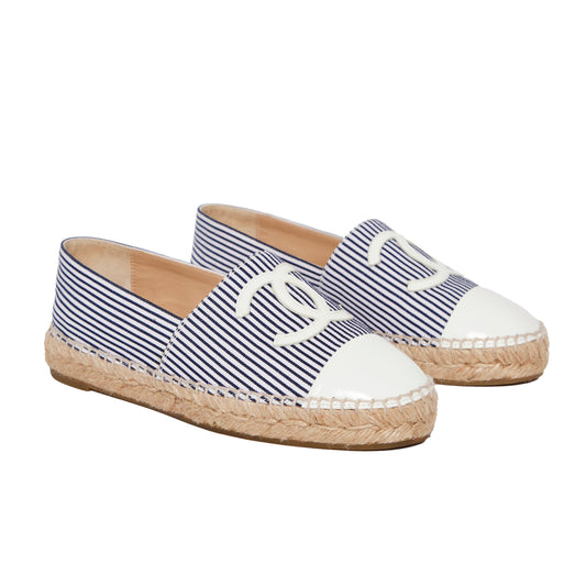CHANEL Canvas Striped Patent CC Espadrilles Ivory Navy White 36