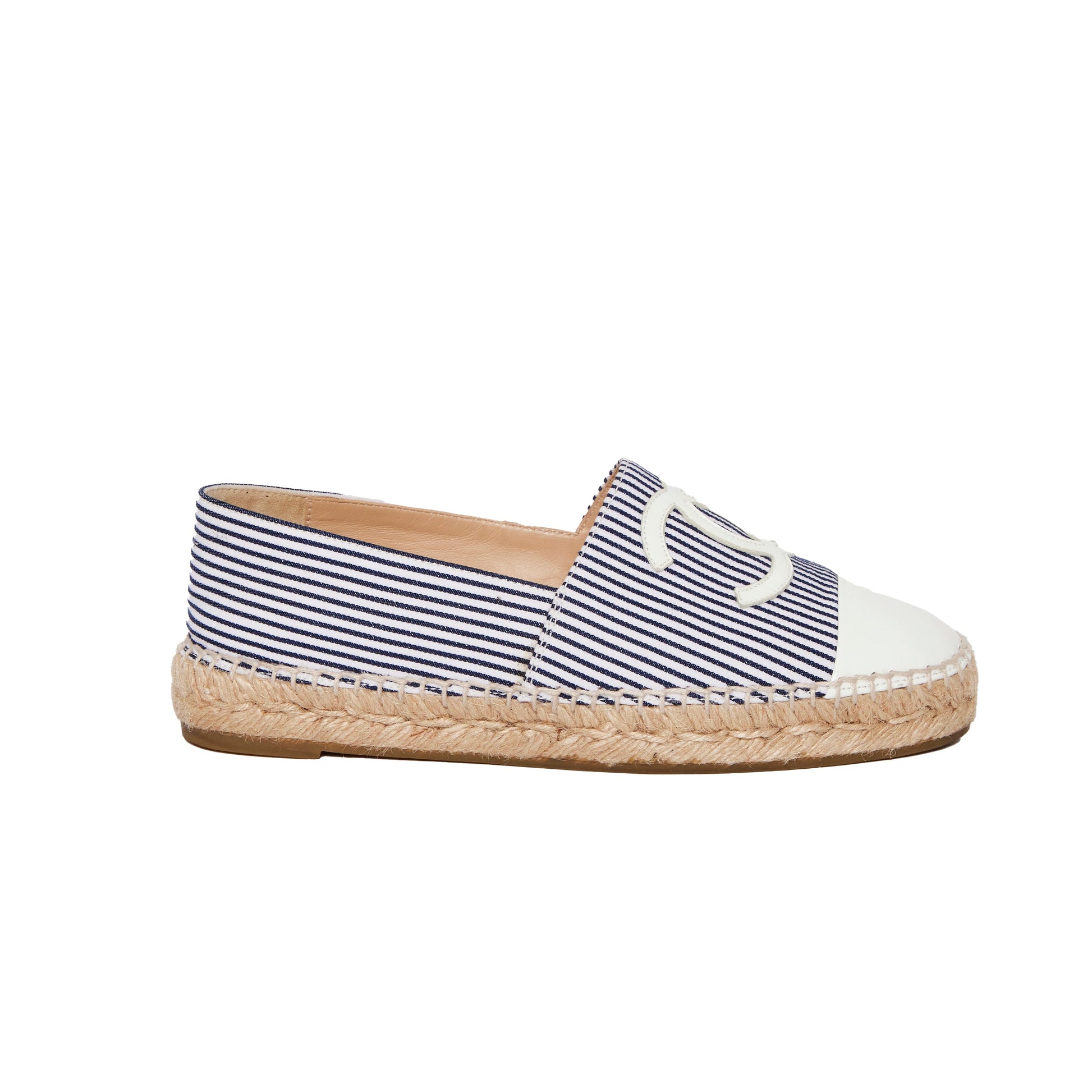 CHANEL Canvas Striped Patent CC Espadrilles Ivory Navy White 36