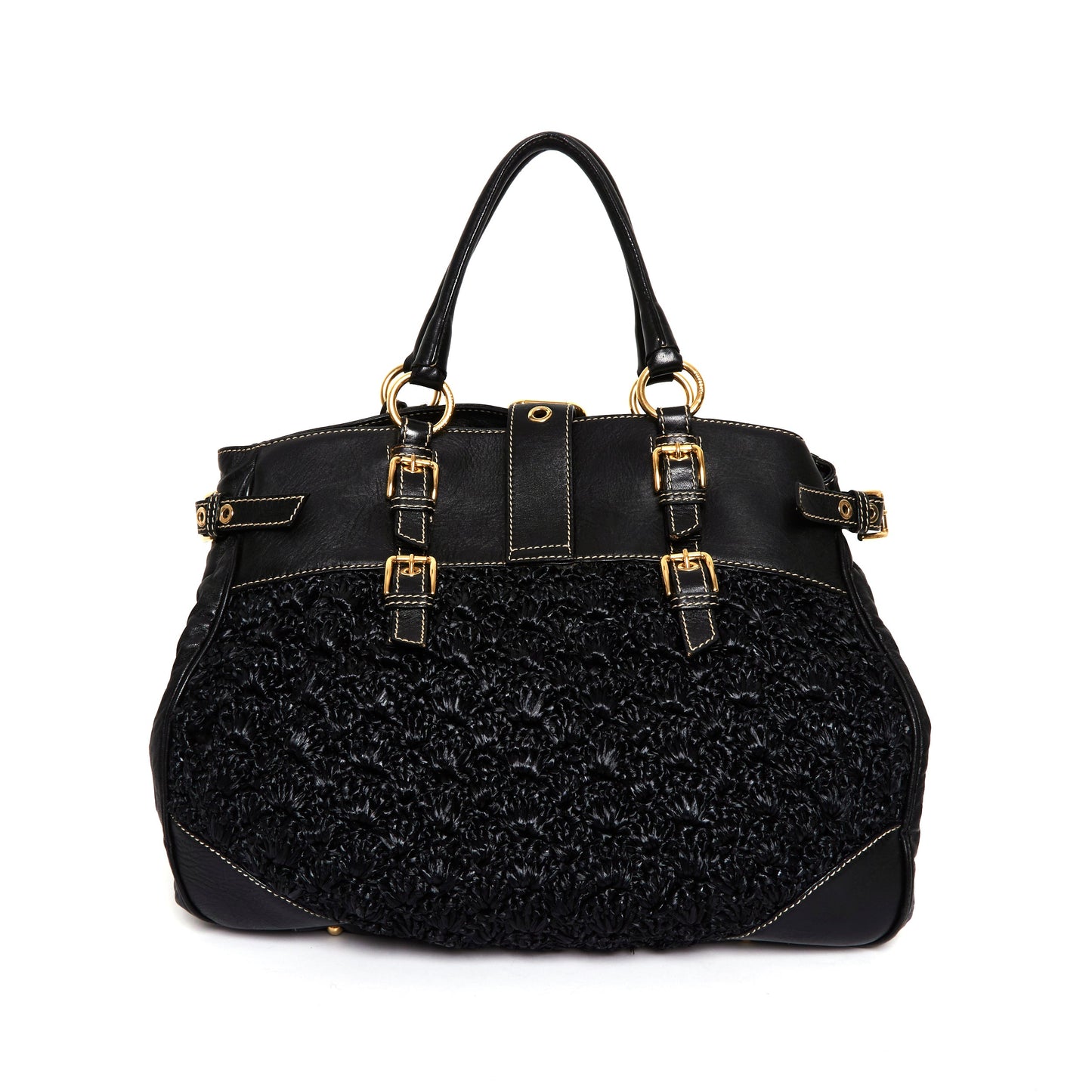 DOLCE & GABBANA Black Crochet Fabric and Leather Zip Satchel