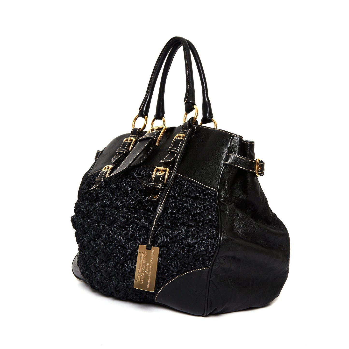 DOLCE & GABBANA Black Crochet Fabric and Leather Zip Satchel
