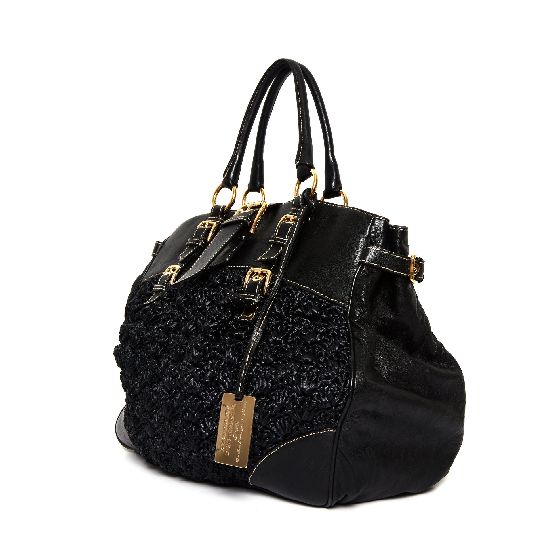 DOLCE & GABBANA Black Crochet Fabric and Leather Zip Satchel