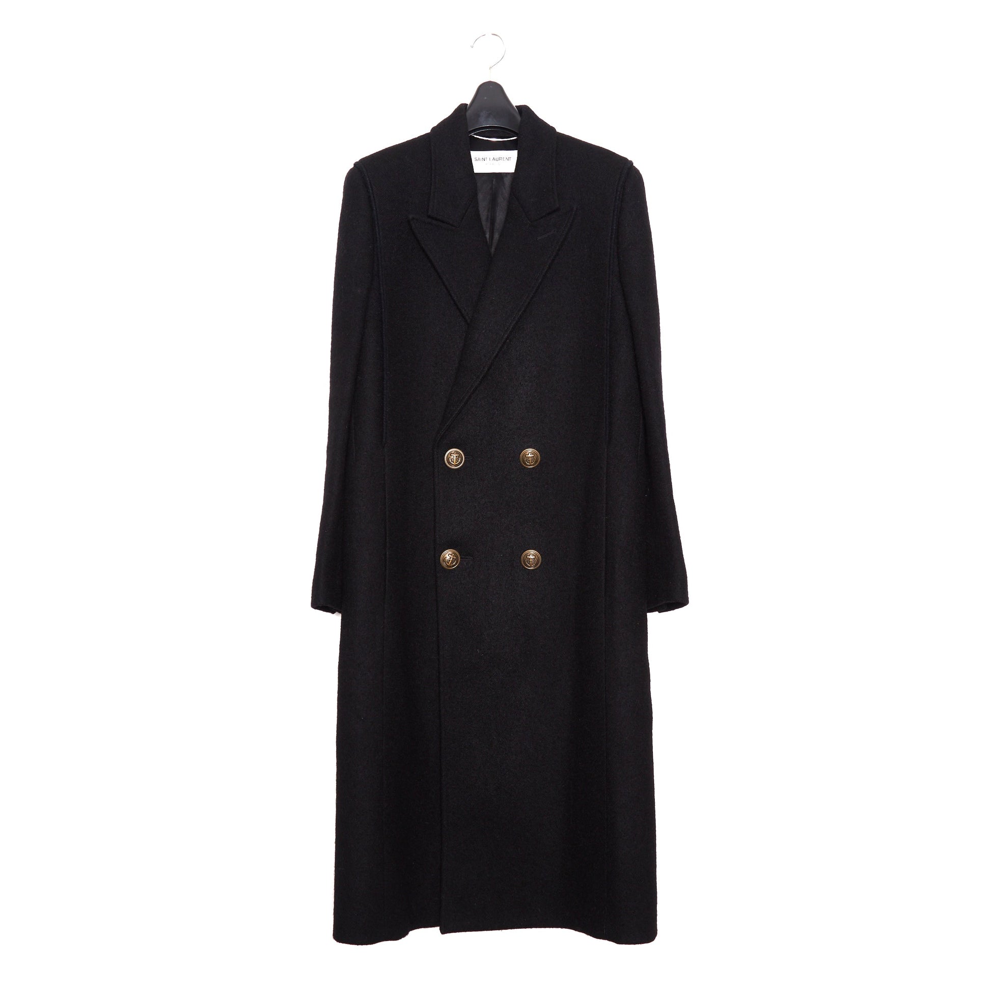 SAINT LAURENT Double-Breasted Long Wool Coat - Black 44