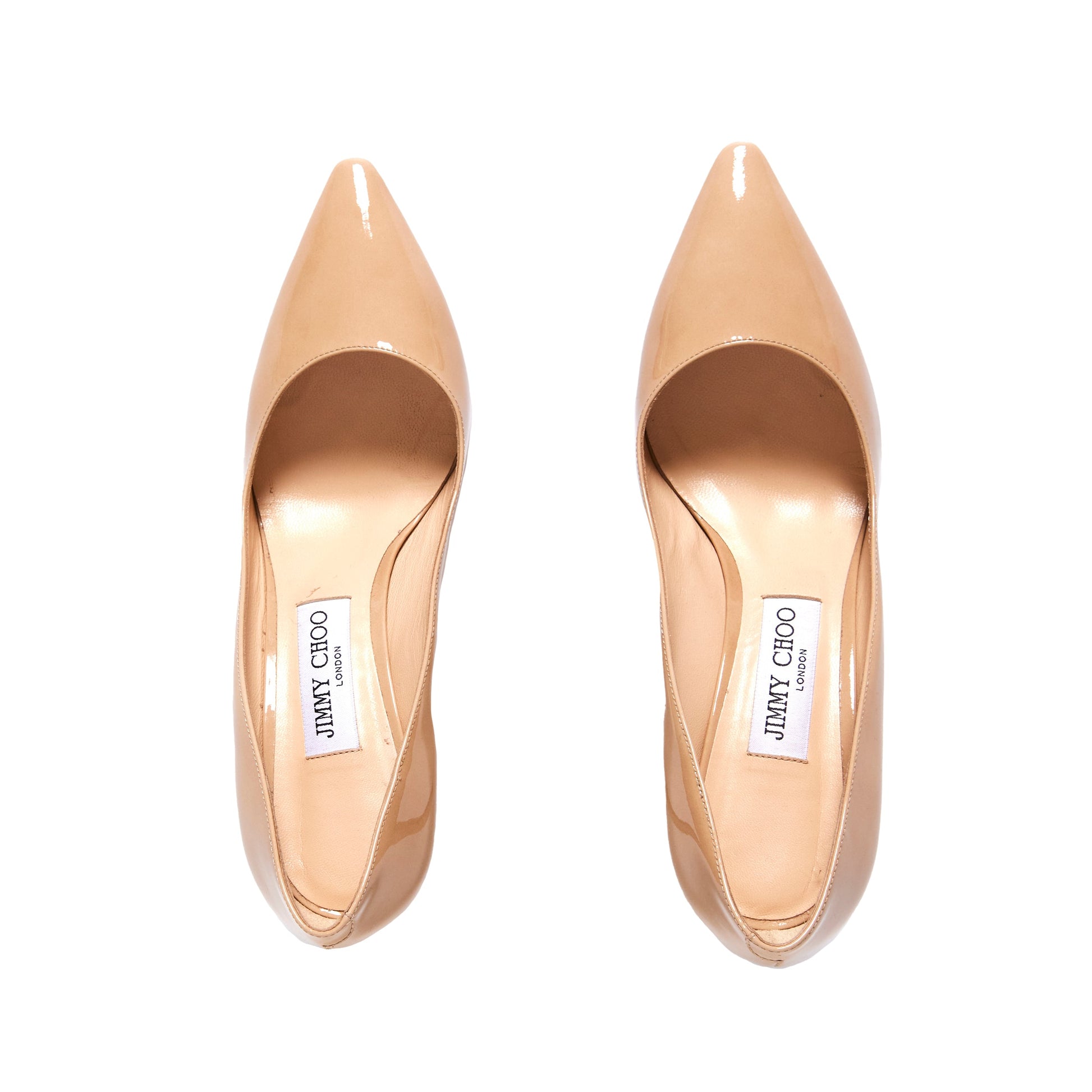 JIMMY CHOO Beige Patent Leather Anouk Pointed Toe Pumps 38.5