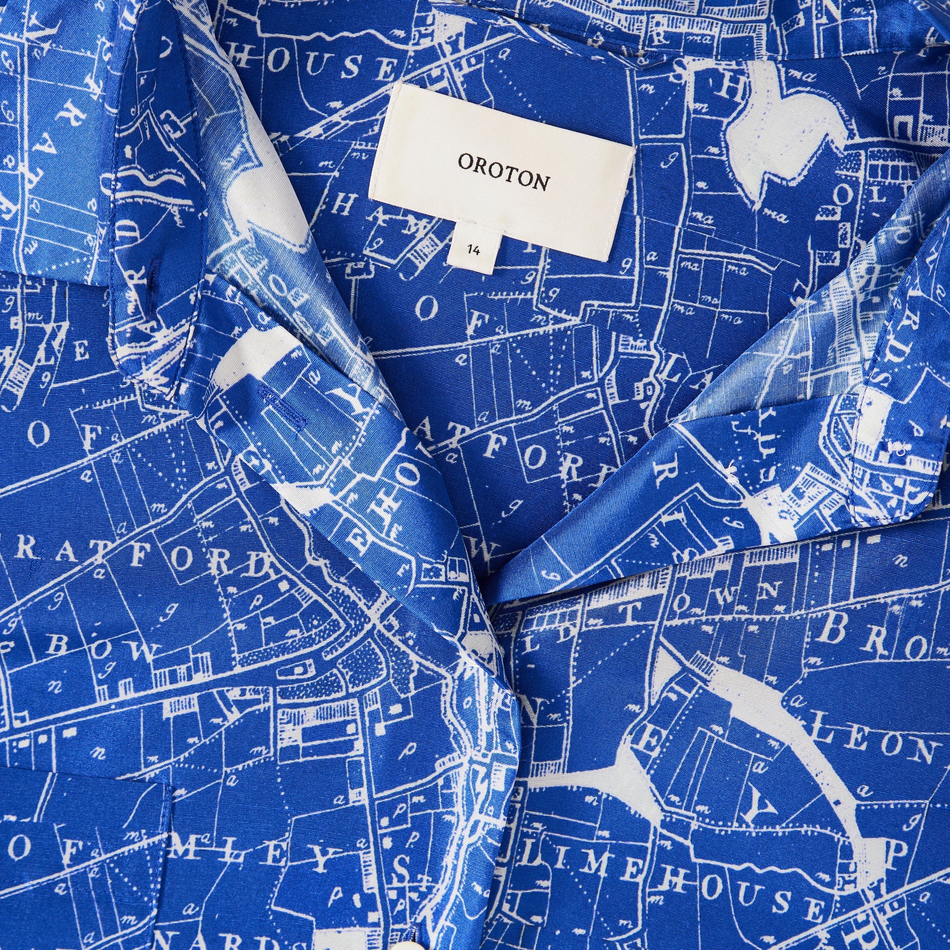 OROTON Map-Print Silk Midi Shirtdress 14