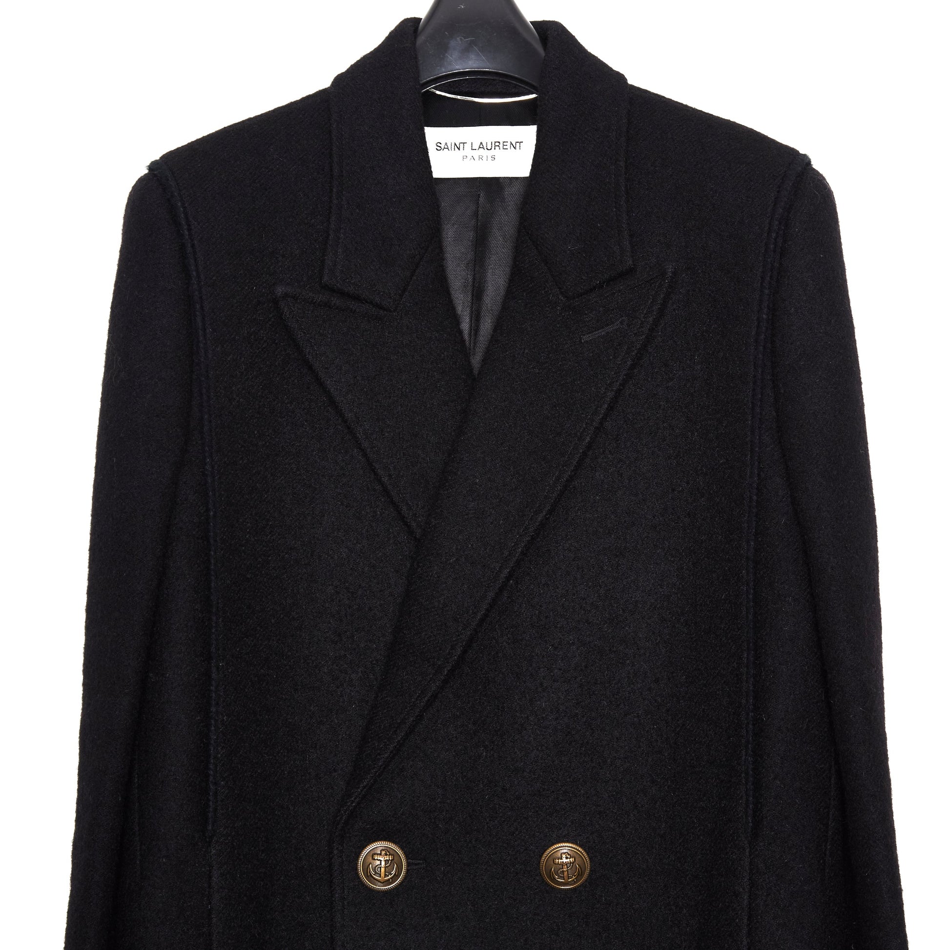 SAINT LAURENT Double-Breasted Long Wool Coat - Black 44