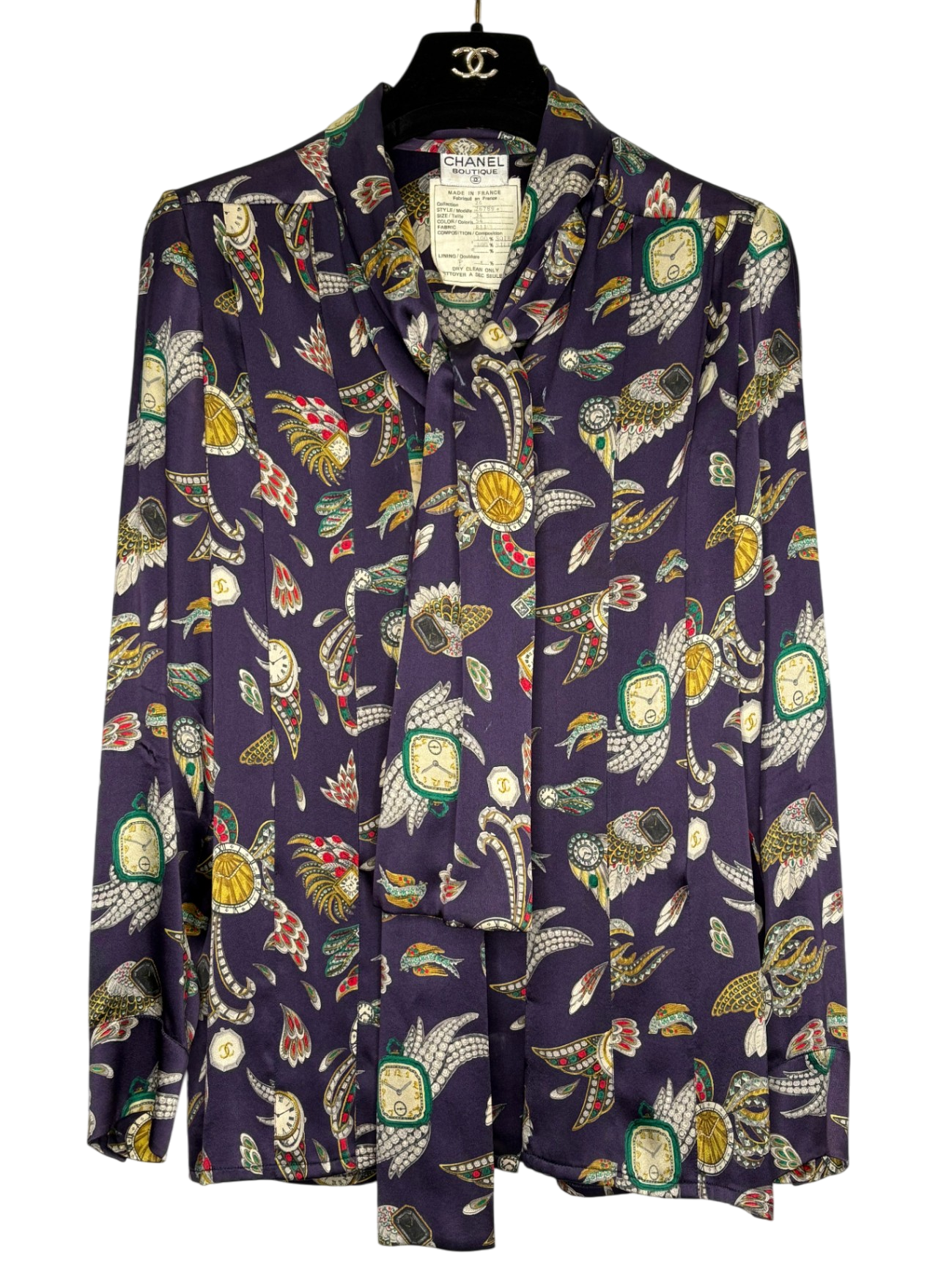 CHANEL Vintage Silk Watch & Jewel Print Blouse